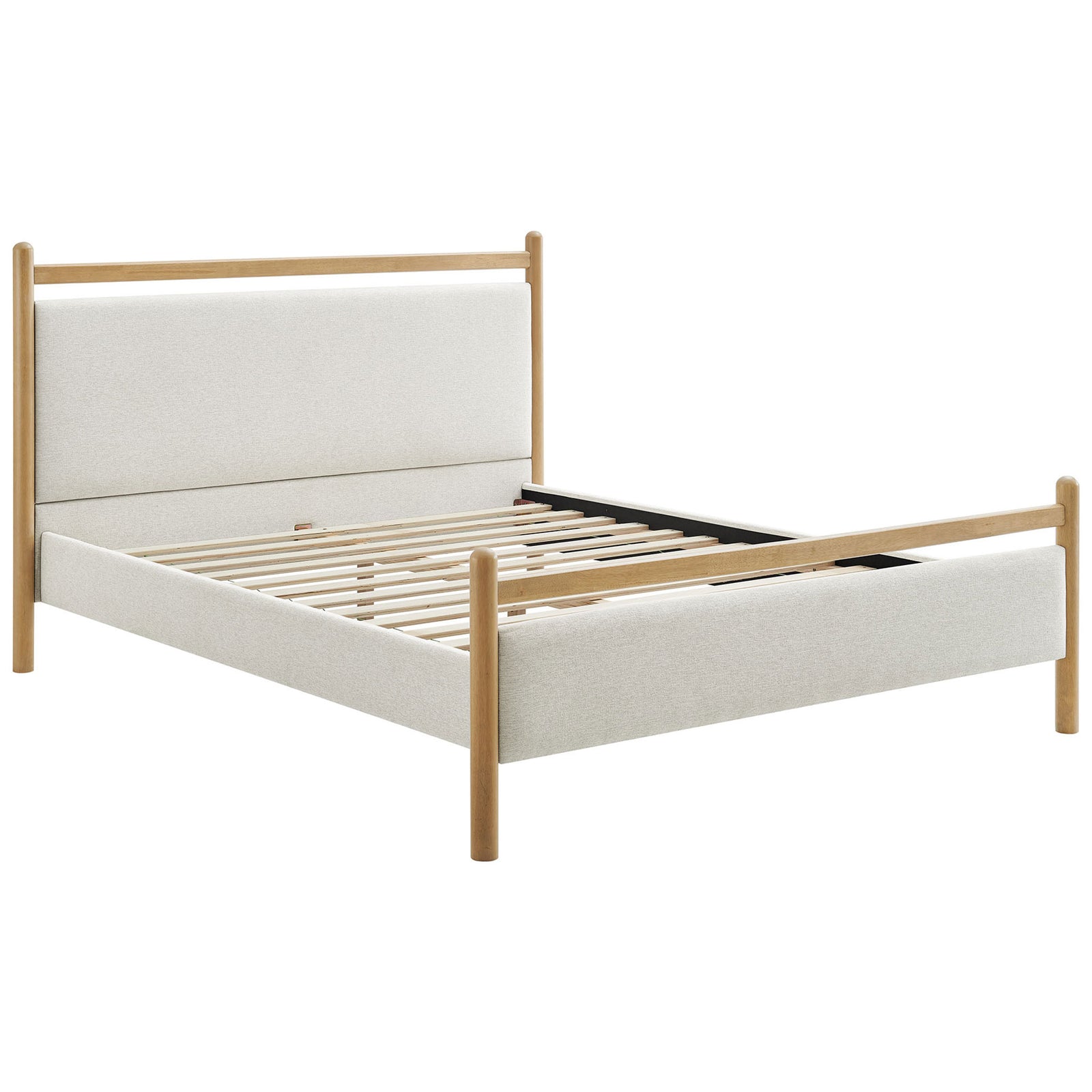 Modern platform bed with heathered ivory upholstery, light oak accents, and a sturdy ventilated slat base || MOD-7248-LOA-HEI || front_angle_studio