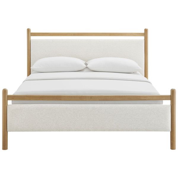 Cushioned headboard and footboard in heathered ivory framed by rounded light oak posts and rail || MOD-7248-LOA-HEI || front_studio