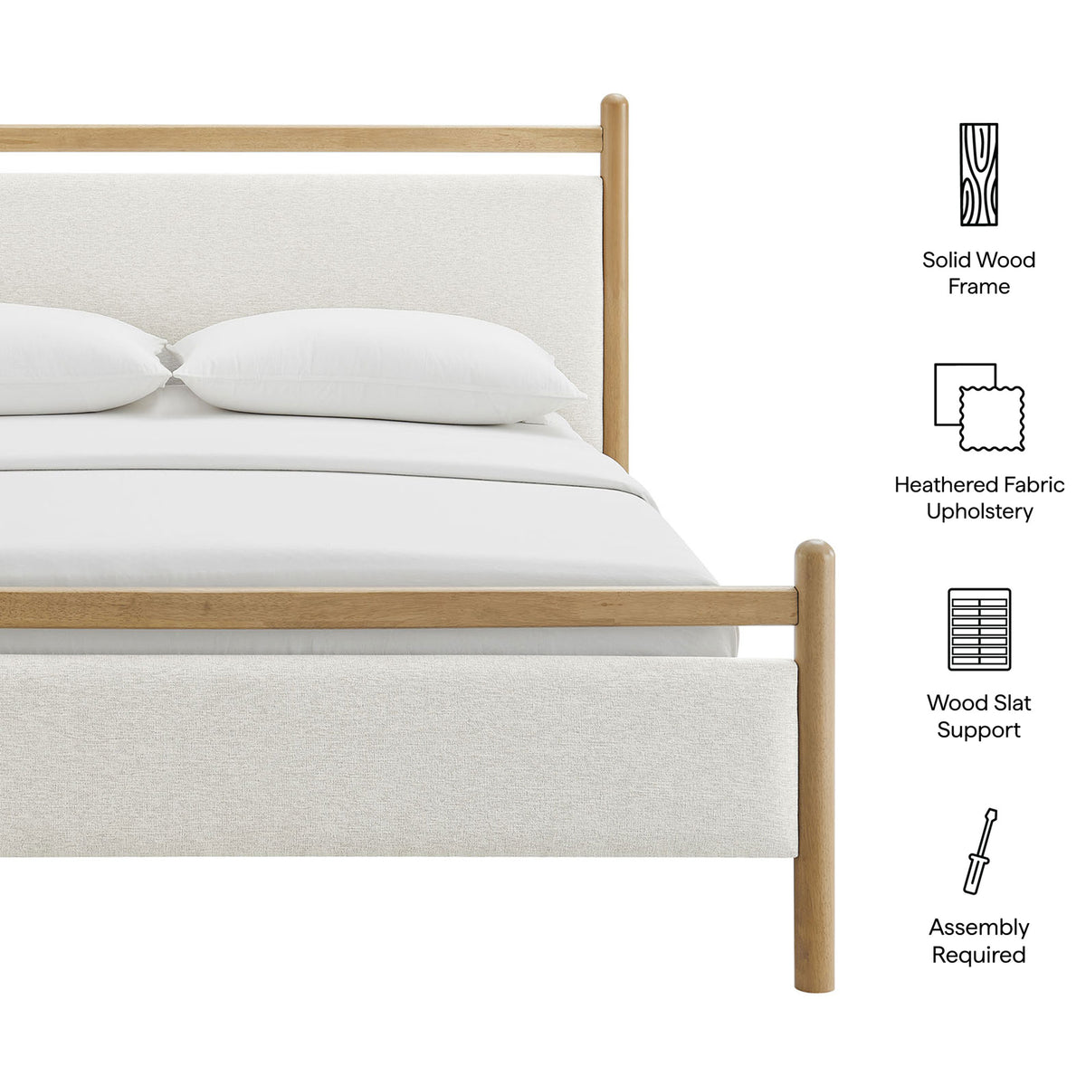Solid wood frame, heathered fabric upholstery, wood slat support, and simple assembly icons || MOD-7248-LOA-HEI || callout_studio