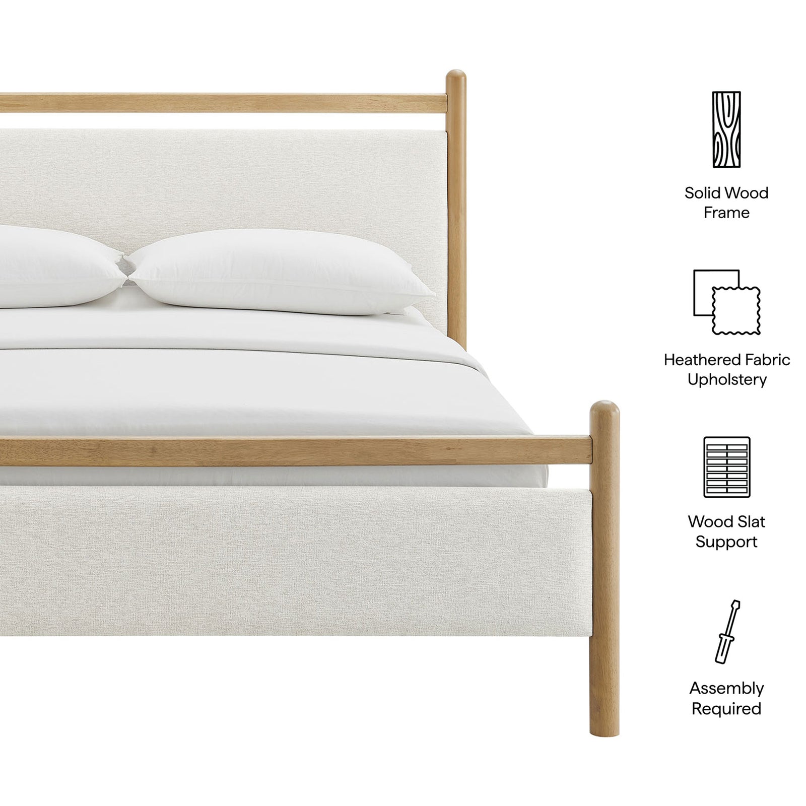 Solid wood frame, heathered fabric upholstery, wood slat support, and simple assembly icons || MOD-7248-LOA-HEI || callout_studio