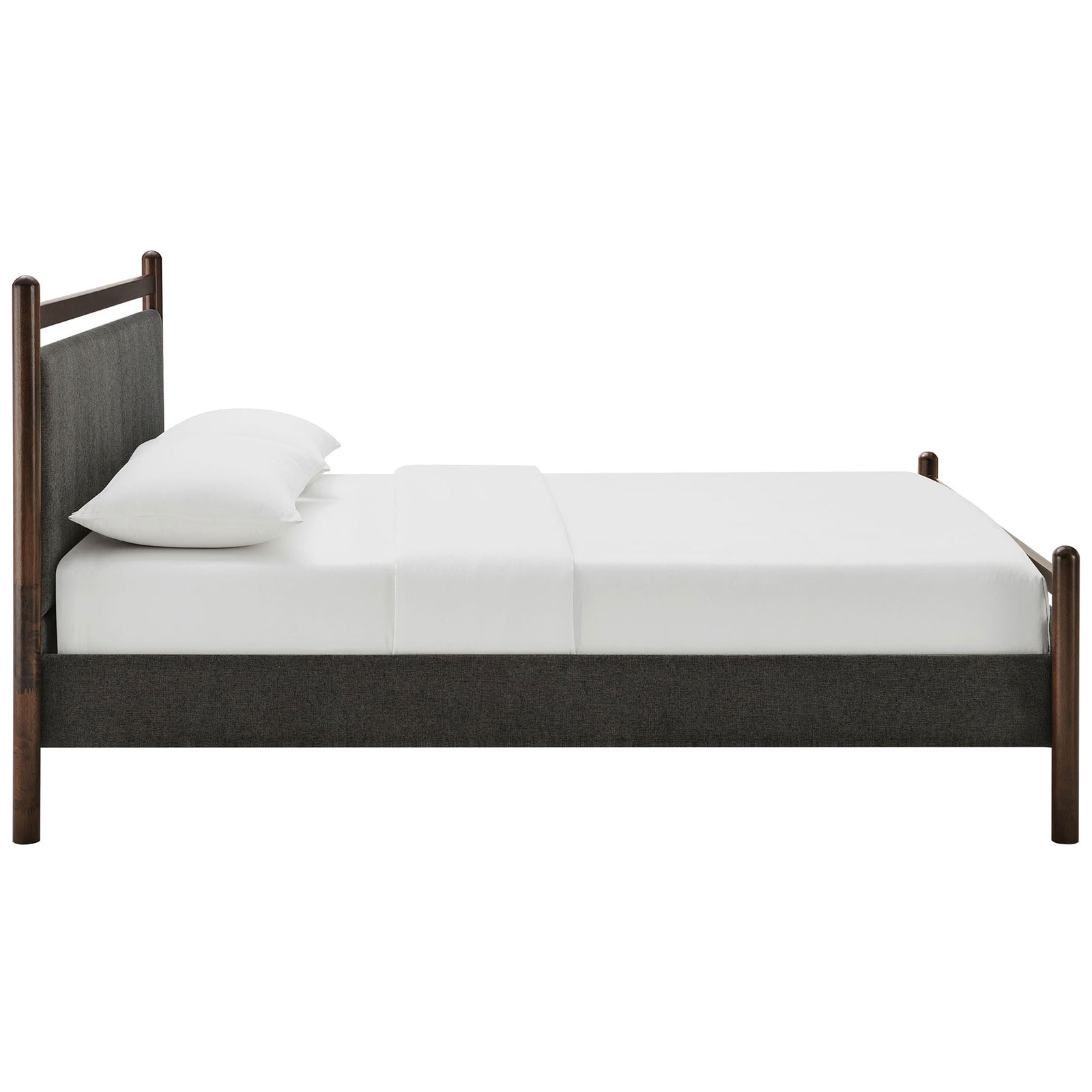 Low-profile platform silhouette with upholstered rails and rounded wood posts in a warm wenge finish || MOD-7248-WEN-HDG || side_studio