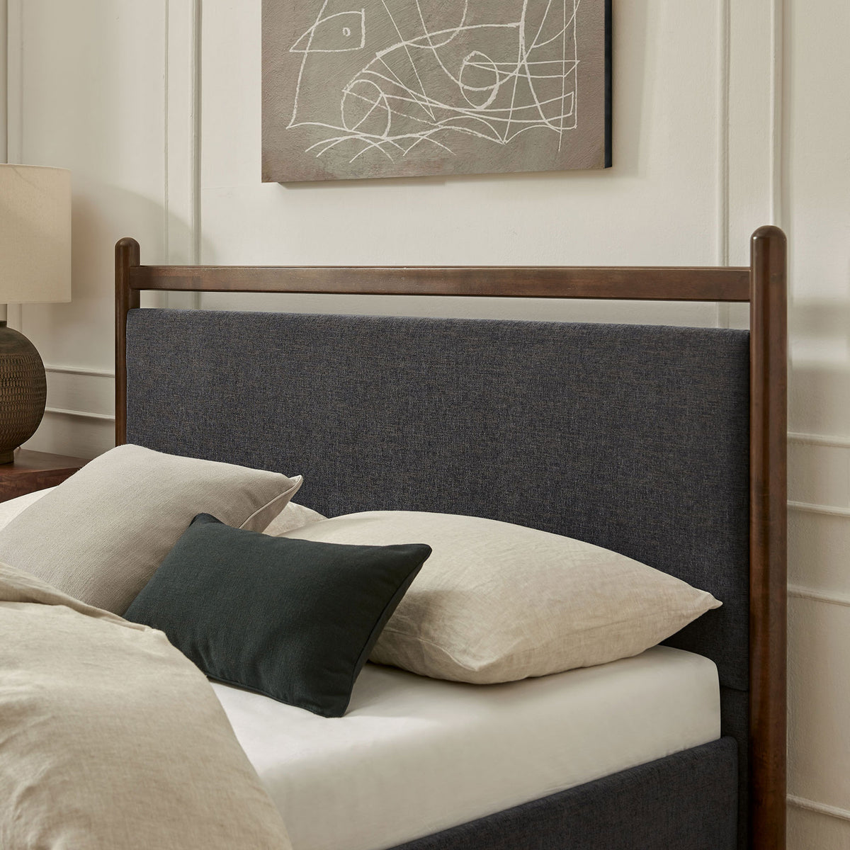 Cozy layered bedding highlights the padded headboard and rich wenge wood accents || MOD-7248-WEN-HDG || detail_room
