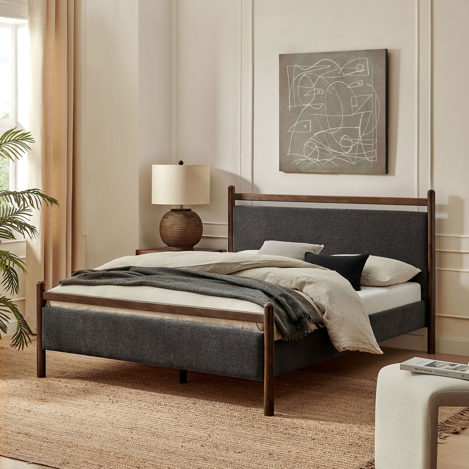 Modern platform bed anchors the room with warm wood tones and heathered dark gray upholstery || MOD-7248-WEN-HDG || front_angle_room