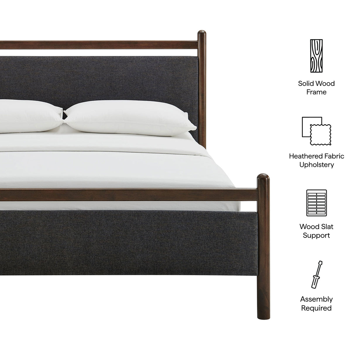 Key features include solid wood frame, heathered fabric upholstery, and supportive wood slats || MOD-7248-WEN-HDG || callout_studio