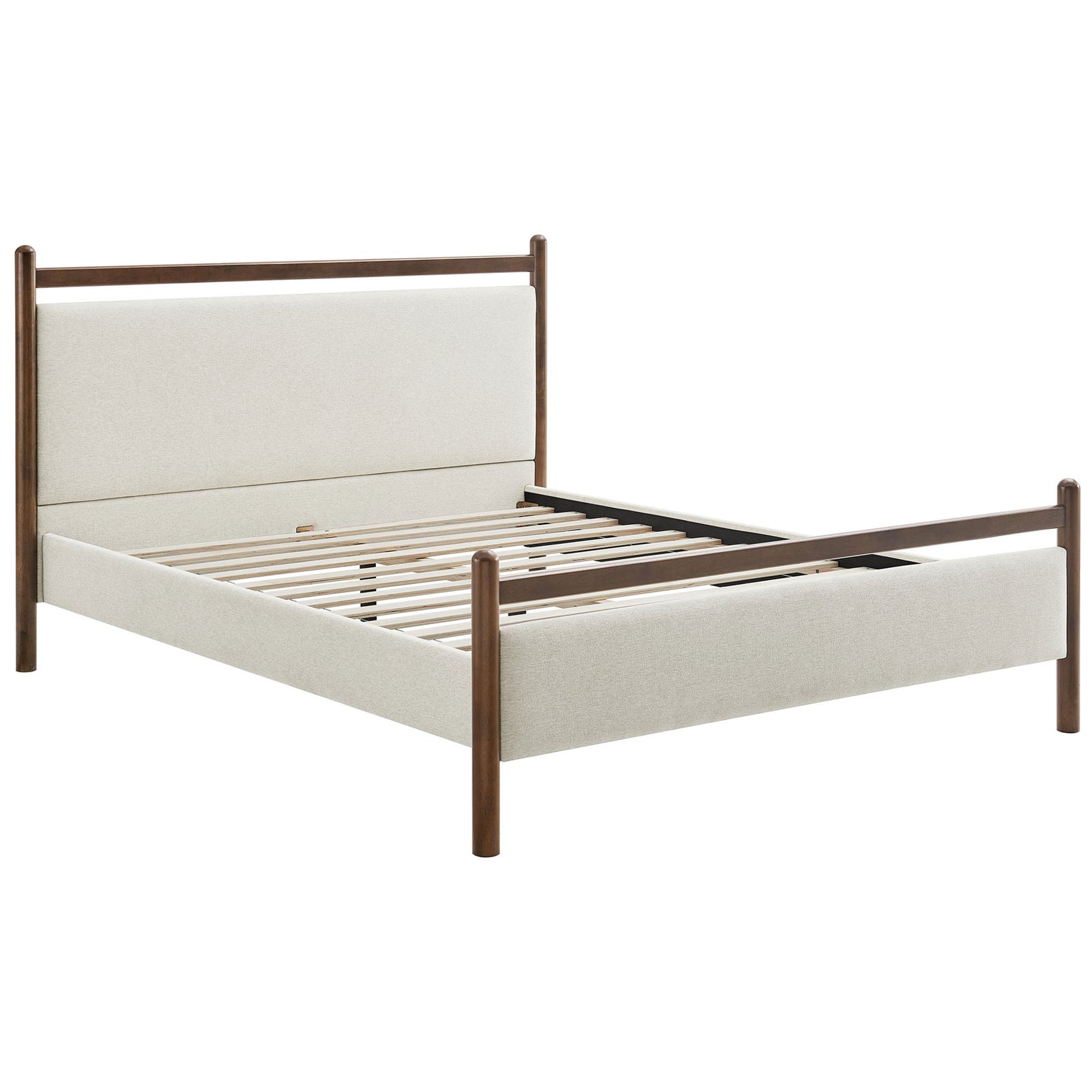 Modern platform bed with heathered ivory upholstery and warm wood posts, showcasing sturdy slat support || MOD-7248-WEN-HEI || front_angle_studio