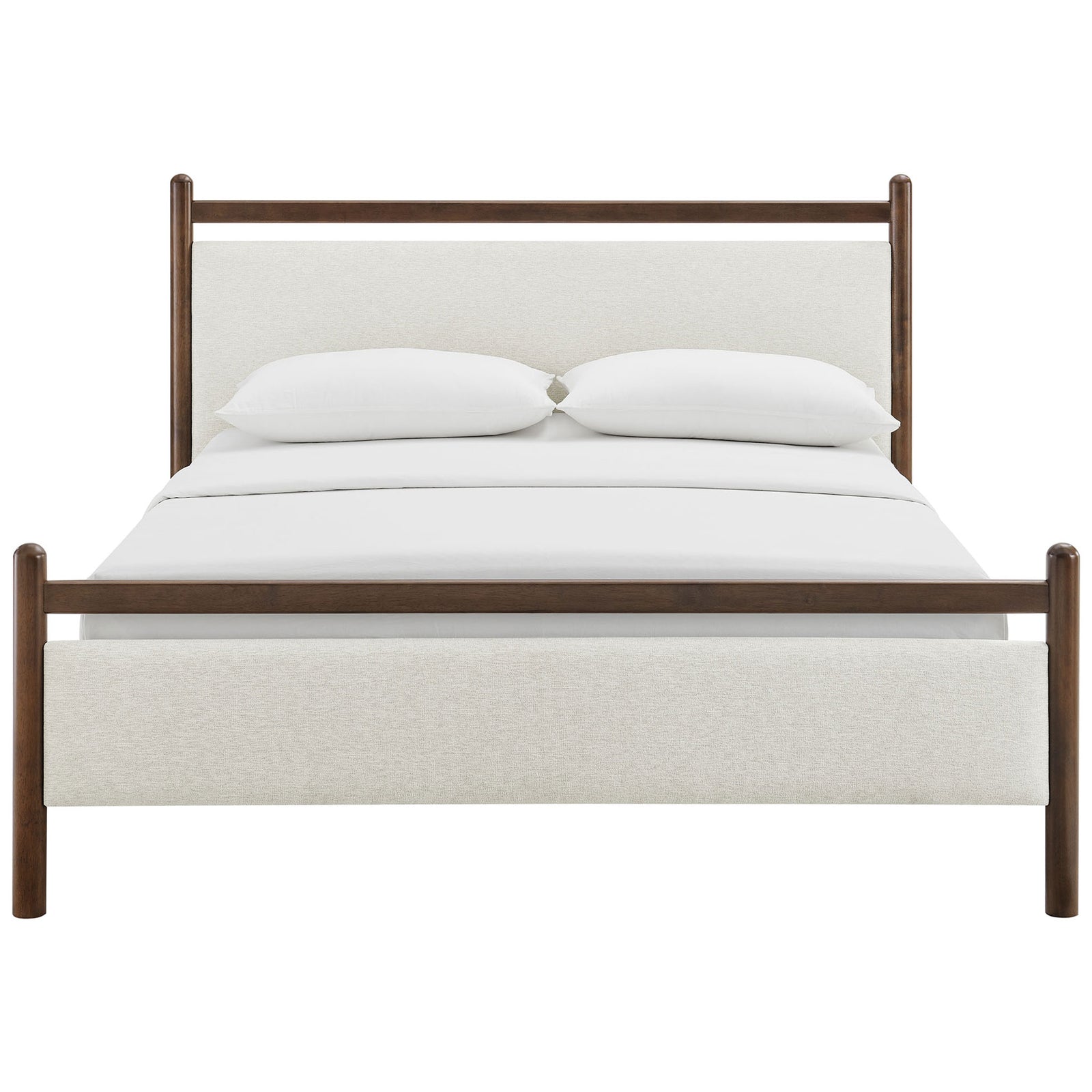 Upholstered platform bed with symmetrical headboard and footboard, accented by rounded wood posts || MOD-7248-WEN-HEI || front_studio