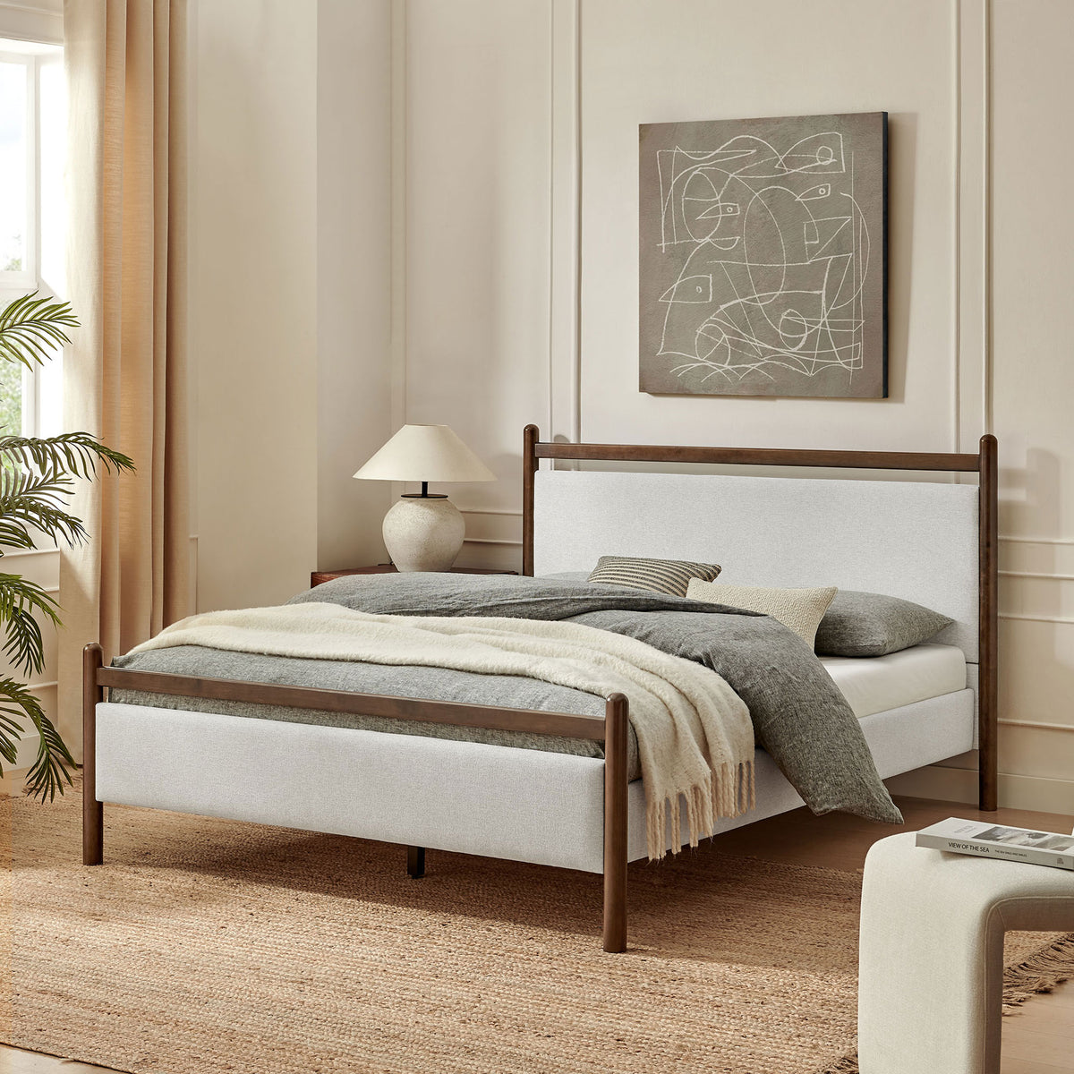 Inviting modern platform bed in heathered ivory with rich wood accents for an effortlessly styled bedroom || MOD-7248-WEN-HEI || front_angle_room