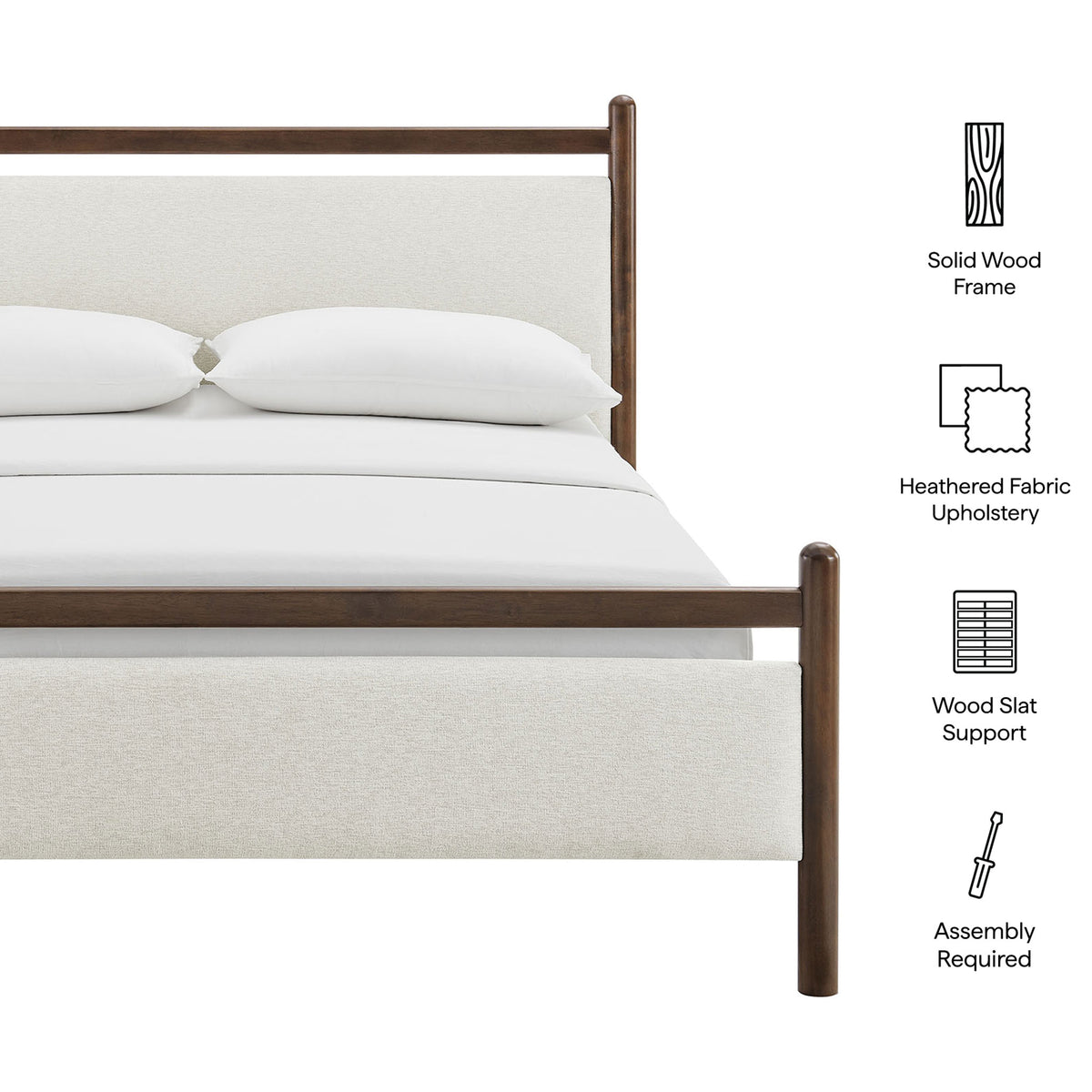Key features: solid wood frame, heathered fabric upholstery, wood slat support, easy assembly || MOD-7248-WEN-HEI || callout_studio
