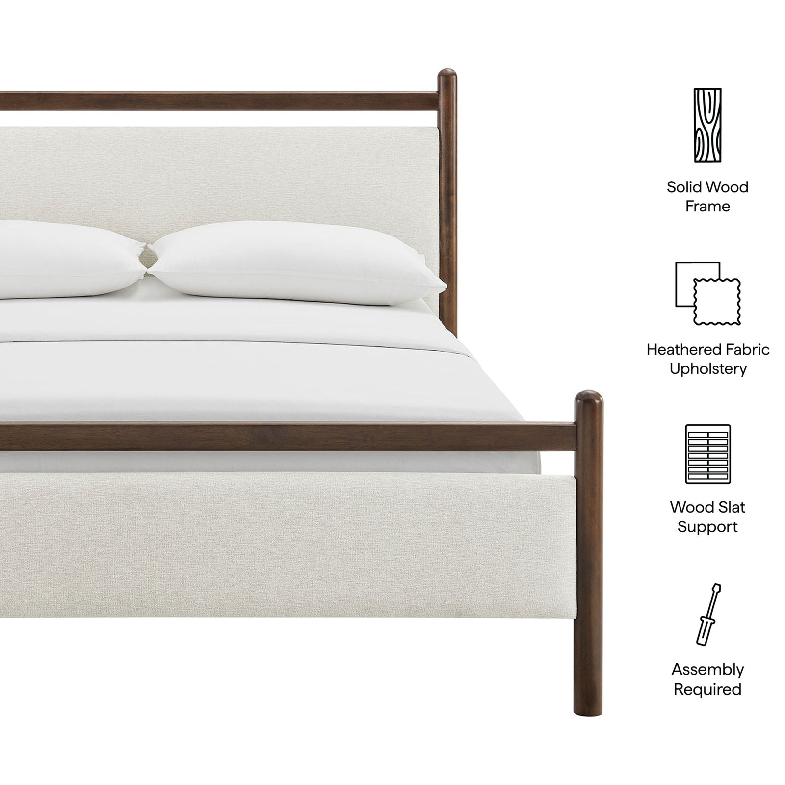 Key features: solid wood frame, heathered fabric upholstery, wood slat support, easy assembly || MOD-7248-WEN-HEI || callout_studio
