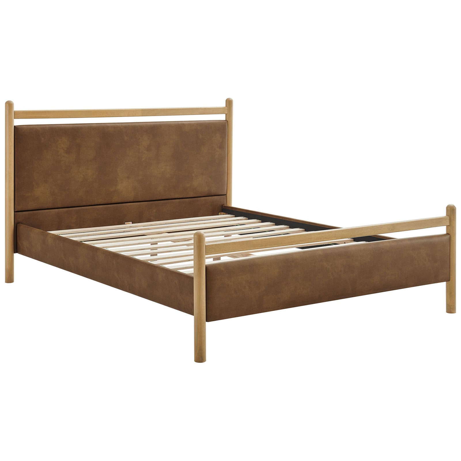 Sleek platform bed with rounded wood posts, padded vegan leather panels, and sturdy slat support || MOD-7249-LOA-CYN || front_angle_studio