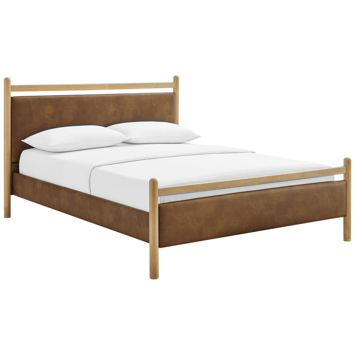Clean-lined platform bed with cushioned vegan leather panels and a warm light wood frame || MOD-7249-LOA-CYN || front_angle_studio