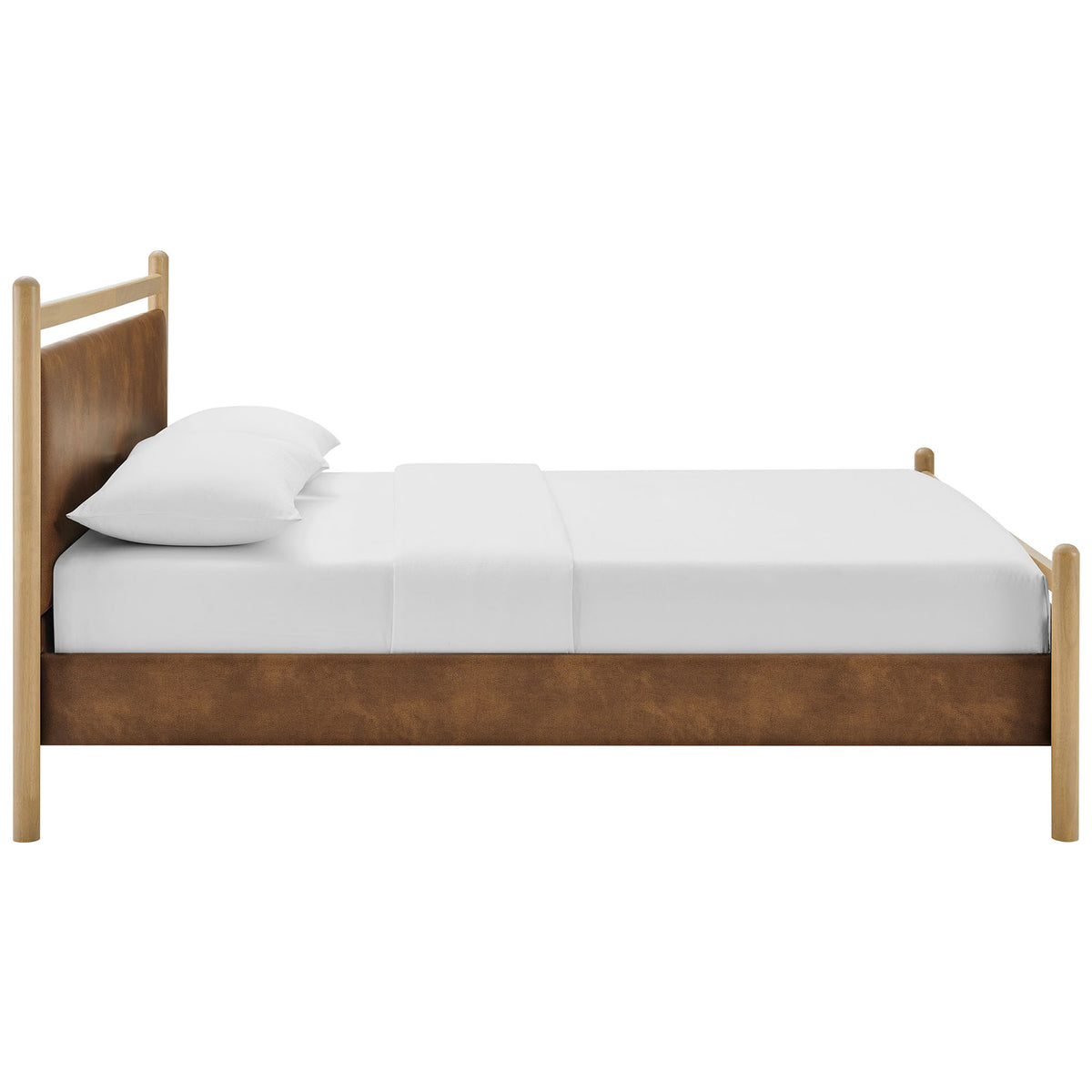 Low-profile silhouette with upholstered side rails, smooth wood posts, and supportive wood slats || MOD-7249-LOA-CYN || side_studio