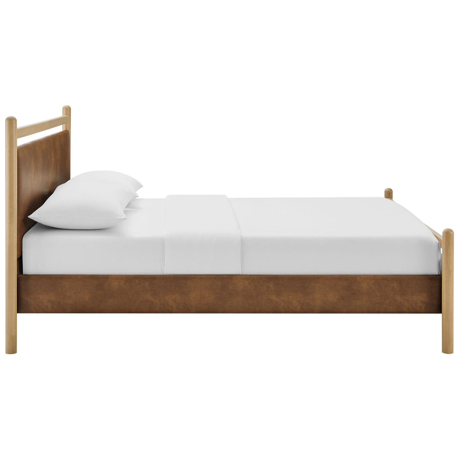 Low-profile silhouette with upholstered side rails, smooth wood posts, and supportive wood slats || MOD-7249-LOA-CYN || side_studio
