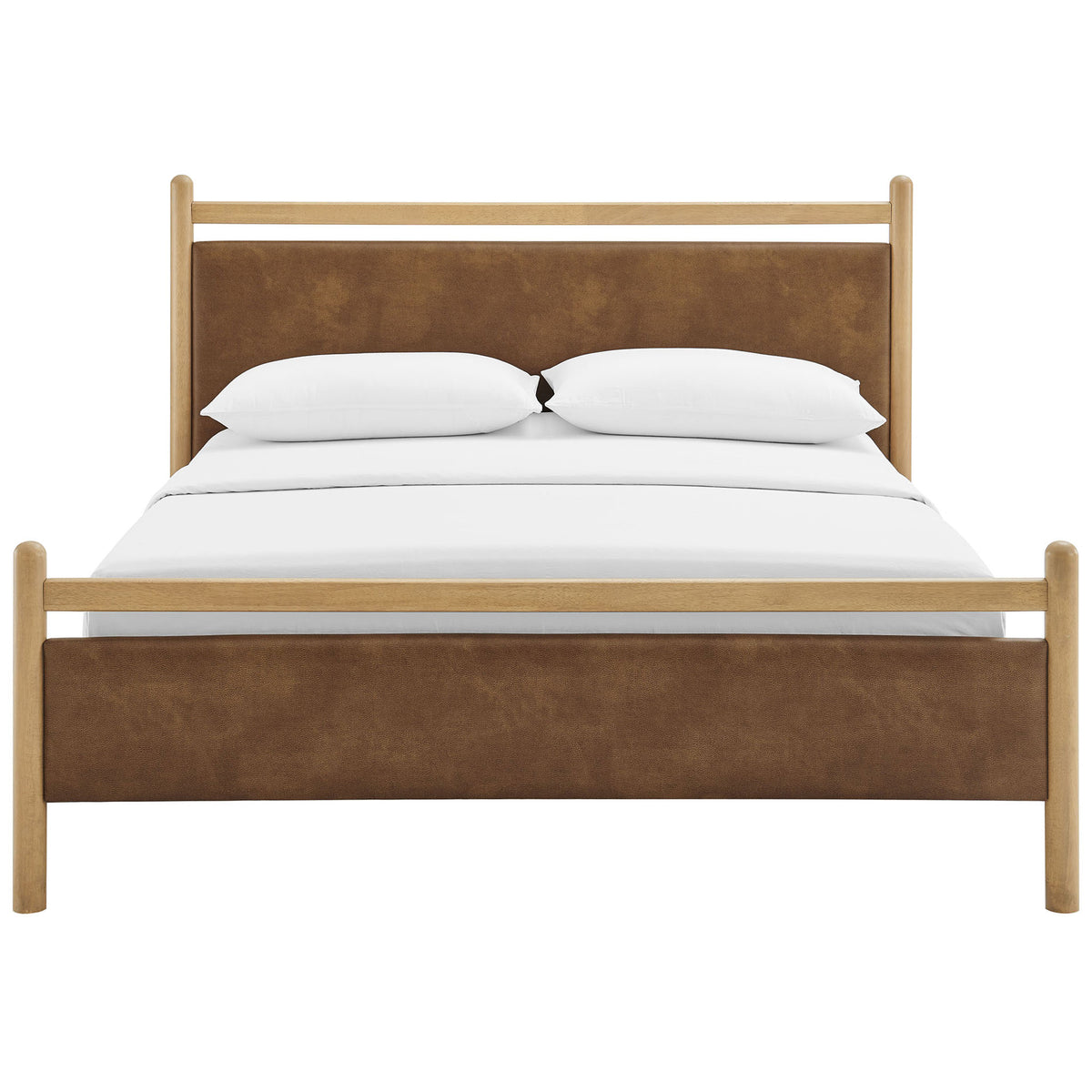 Padded vegan leather headboard and footboard framed by rounded light wood rails || MOD-7249-LOA-CYN || front_studio