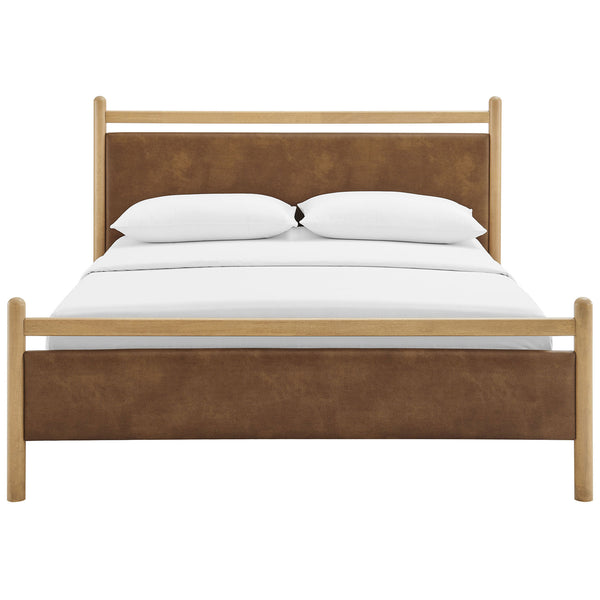 Padded vegan leather headboard and footboard framed by rounded light wood rails || MOD-7249-LOA-CYN || front_studio