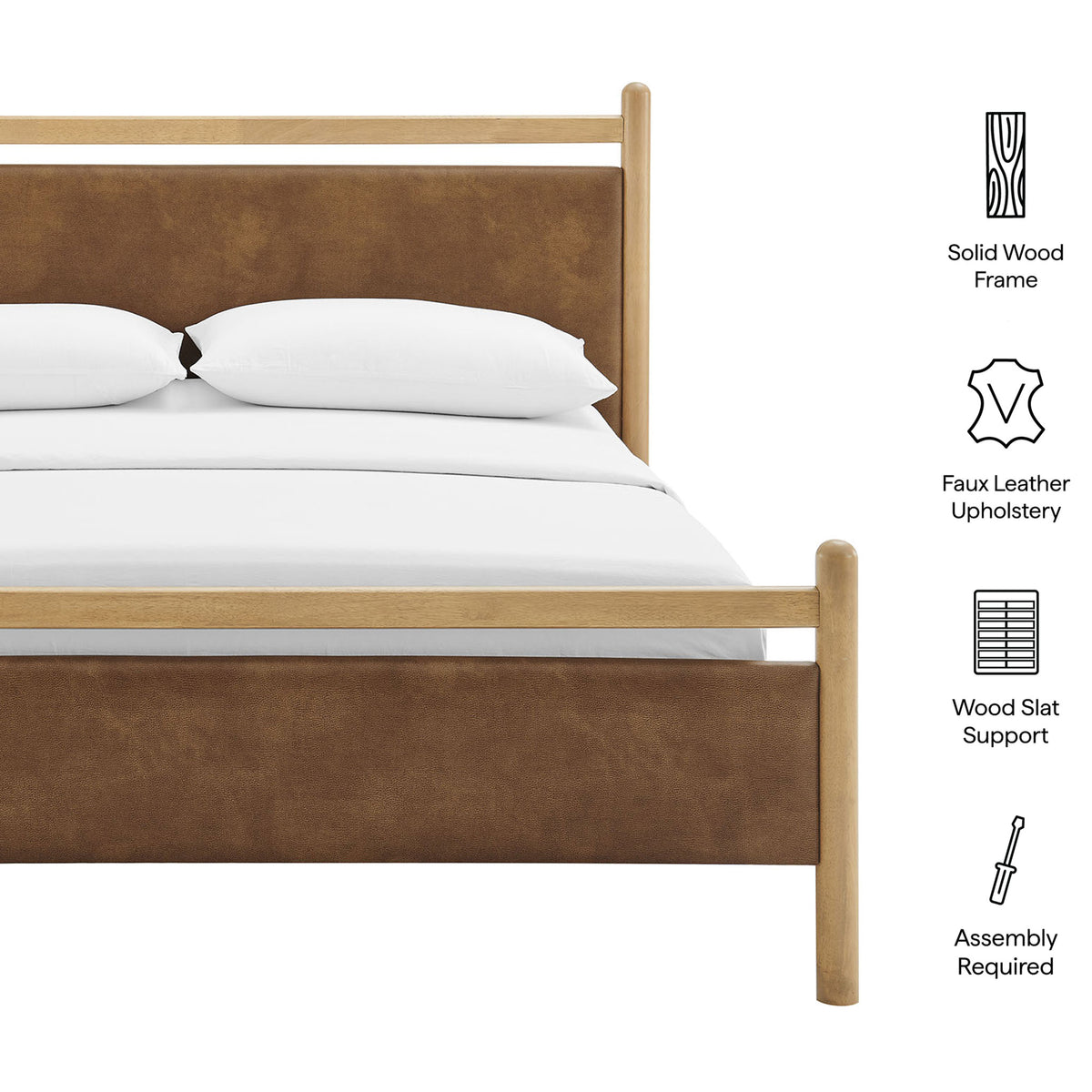 Key features include solid wood frame, vegan leather upholstery, wood slat support, and easy assembly || MOD-7249-LOA-CYN || callout_studio