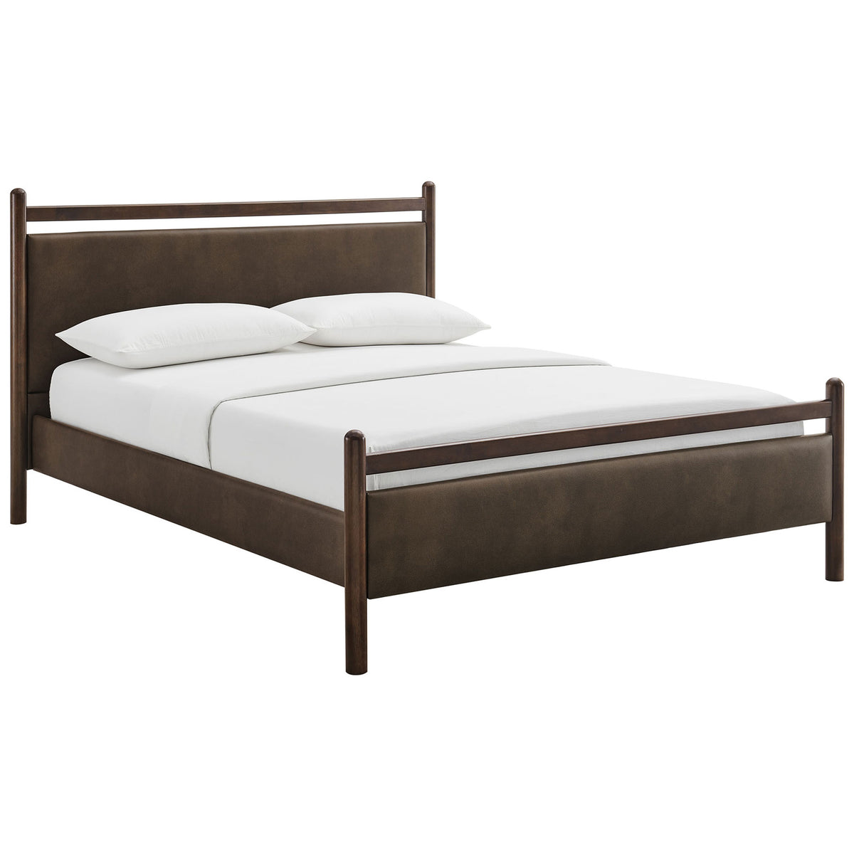 Streamlined vegan leather bed with cushioned headboard and footboard, warm wenge finish, and low profile || MOD-7249-WEN-MUS || front_angle_studio