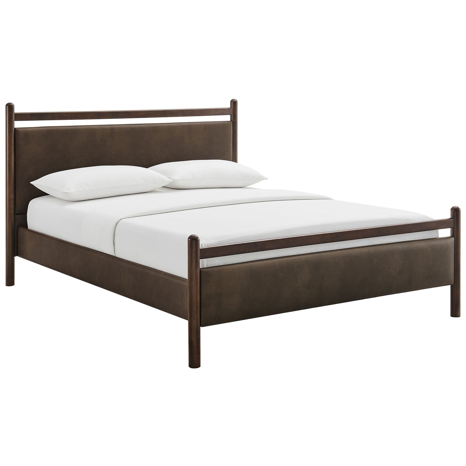 Streamlined vegan leather bed with cushioned headboard and footboard, warm wenge finish, and low profile || MOD-7249-WEN-MUS || front_angle_studio