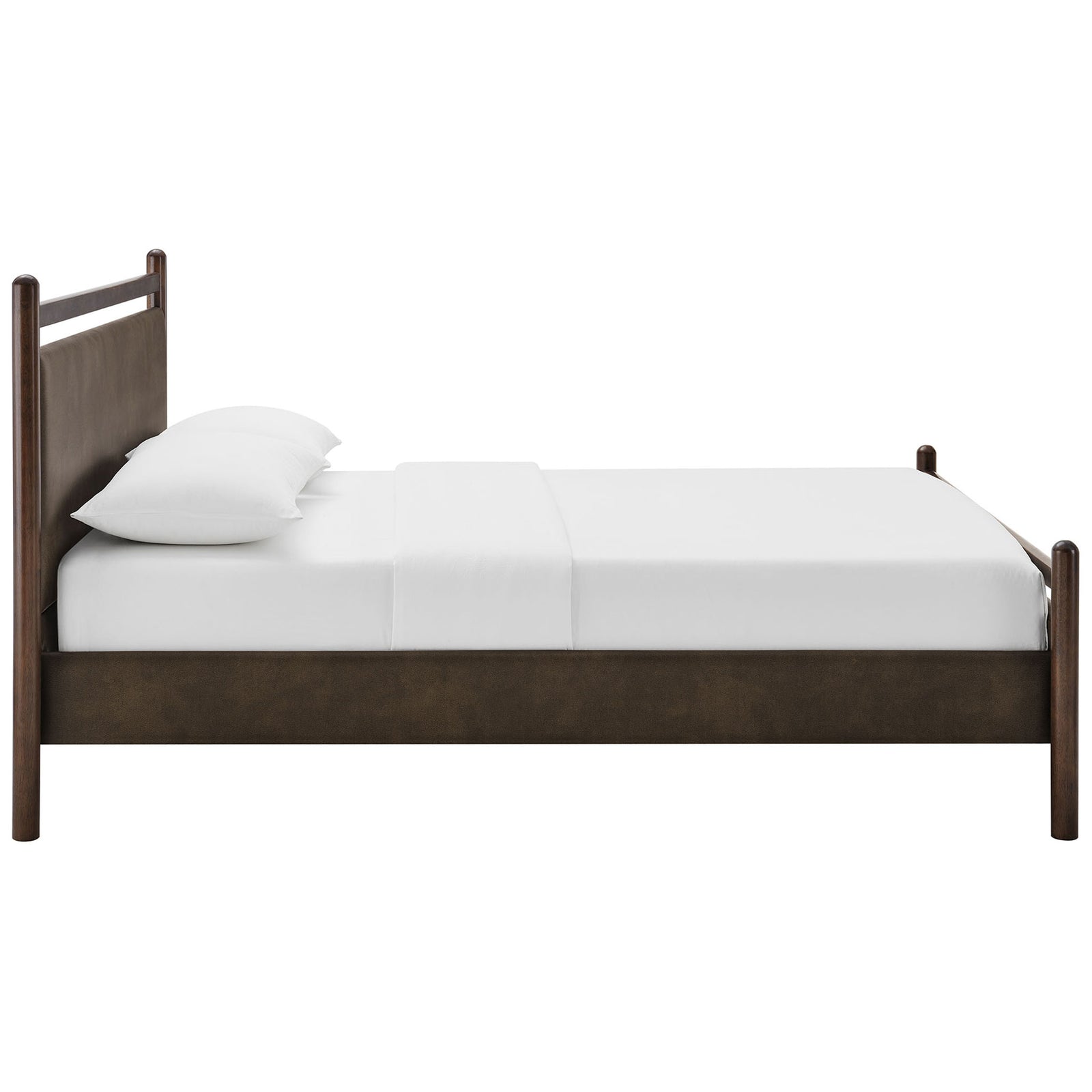 Sleek profile with tailored vegan leather sides and rounded wood posts for a refined, modern look || MOD-7249-WEN-MUS || side_studio