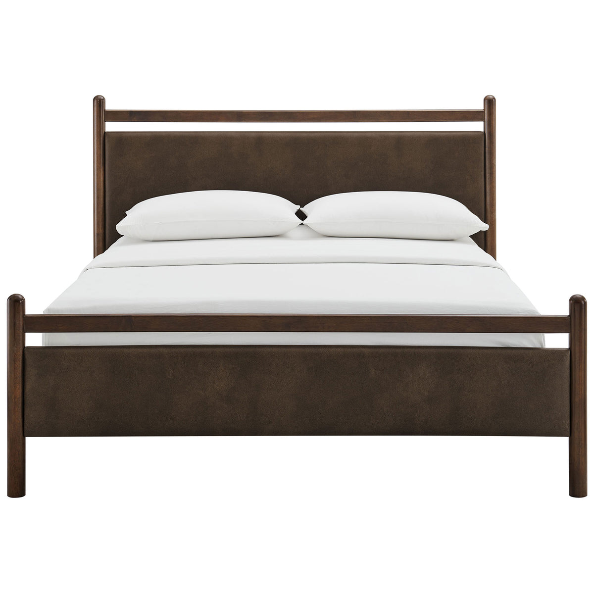 Padded headboard and footboard in mushroom vegan leather framed by rounded solid wood posts || MOD-7249-WEN-MUS || front_studio
