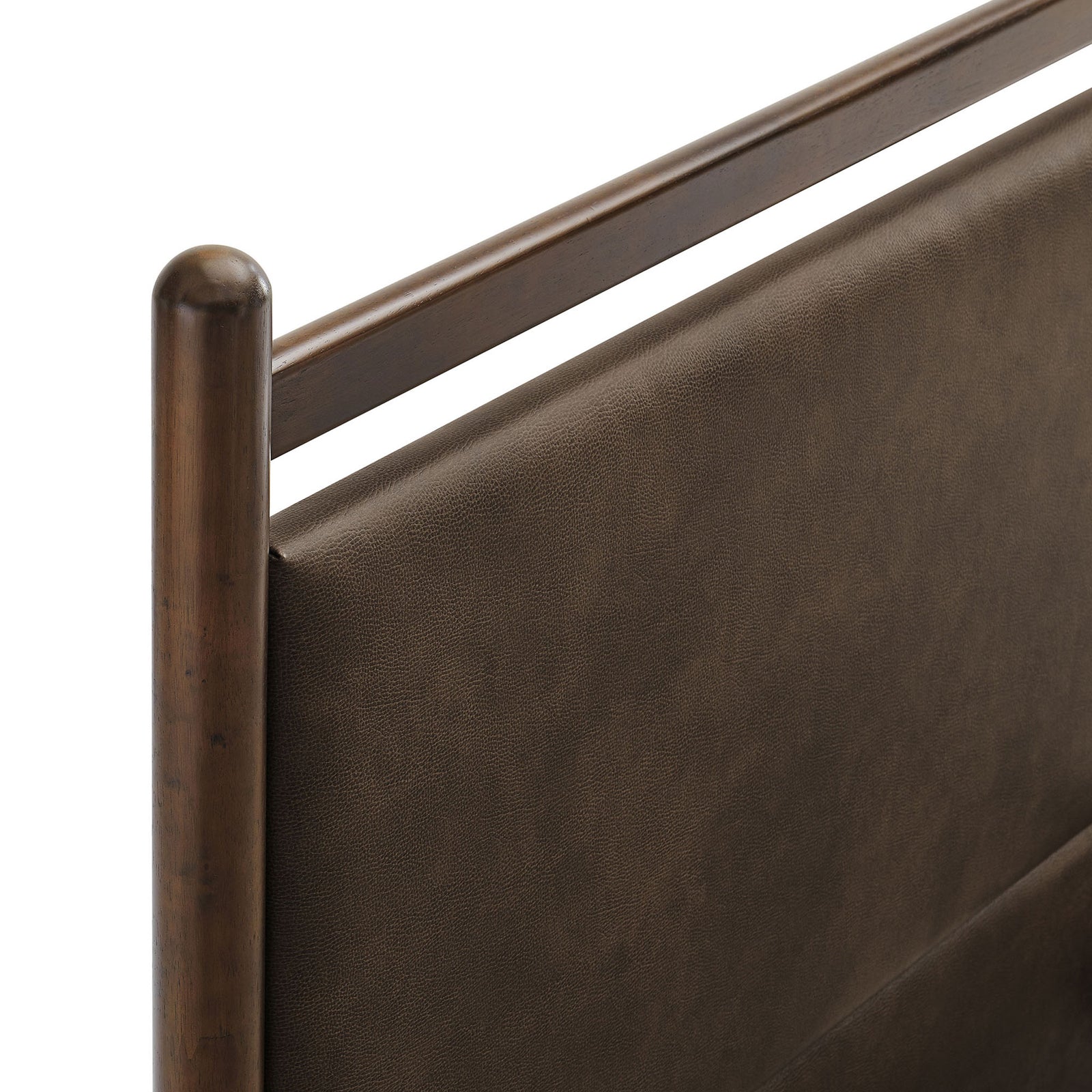 Smooth vegan leather headboard with rounded wood posts and a slim coordinating top rail || MOD-7249-WEN-MUS || detail_studio