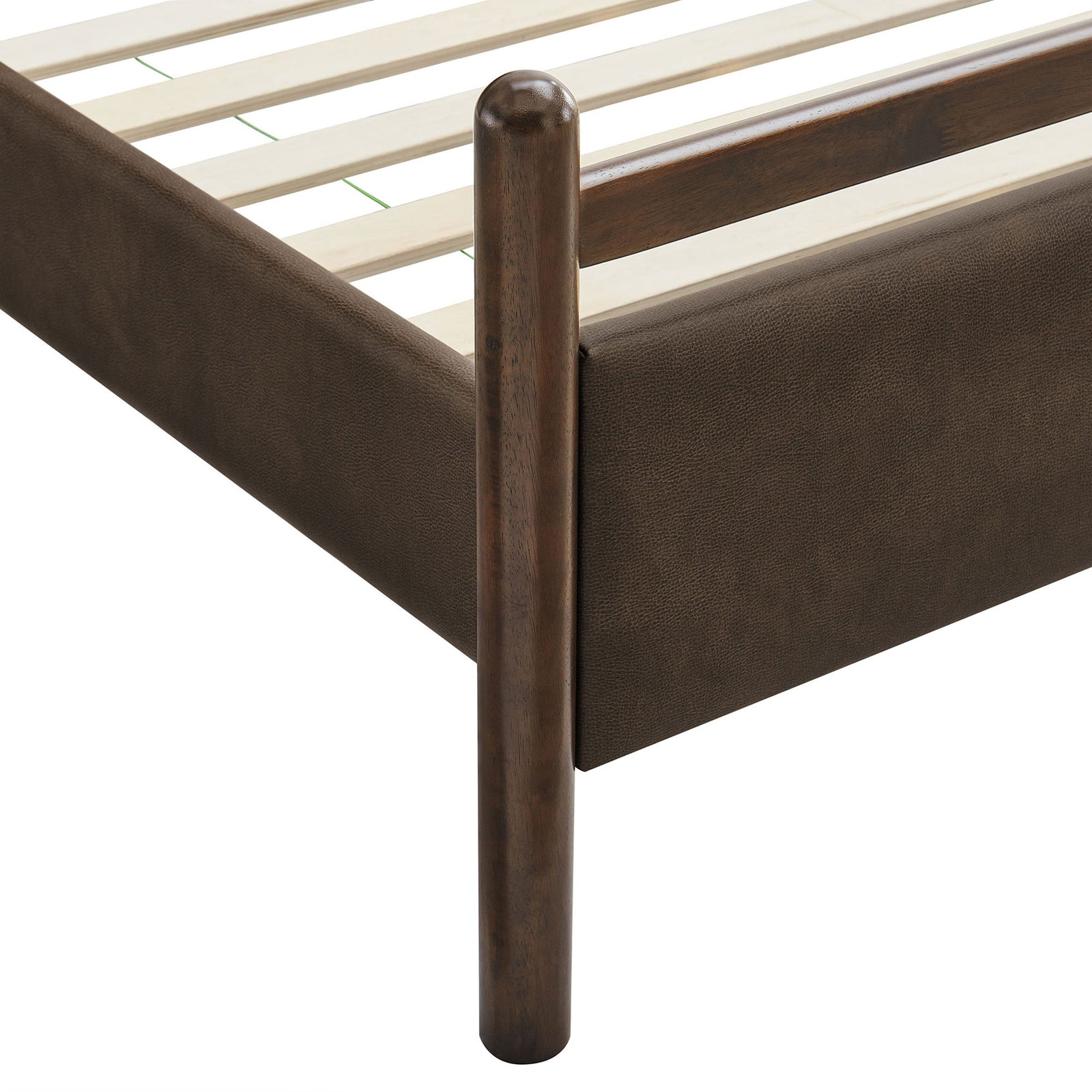 Rounded solid wood post meets the padded footboard with neat, durable vegan leather upholstery || MOD-7249-WEN-MUS || leg_studio