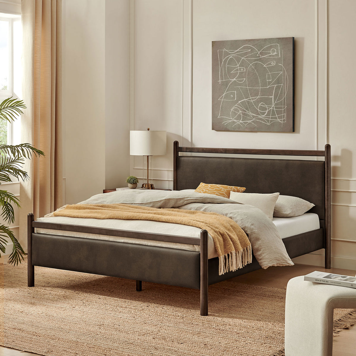 Modern platform bed with padded panels, solid wood frame, and supportive slats for mattress-only setup || MOD-7249-WEN-MUS || front_angle_room
