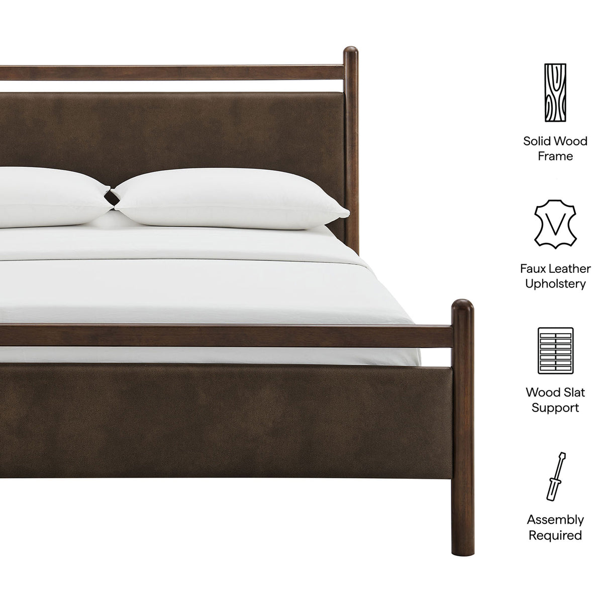Solid wood frame, vegan leather upholstery, and wood slat support with simple assembly || MOD-7249-WEN-MUS || callout_studio