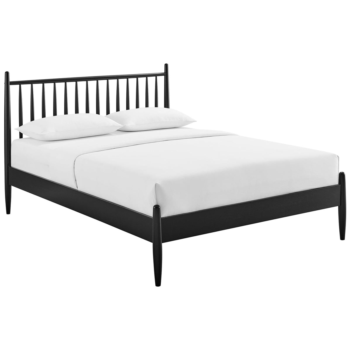 Streamlined black platform bed with tall spindle headboard and smooth rounded corners || MOD-7303-BLK || front_angle_studio