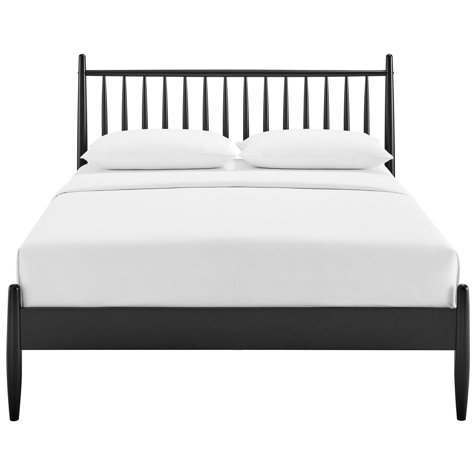 Sleek black spindle bed with tapered posts and airy headboard for a refined, modern look || MOD-7303-BLK || front_studio