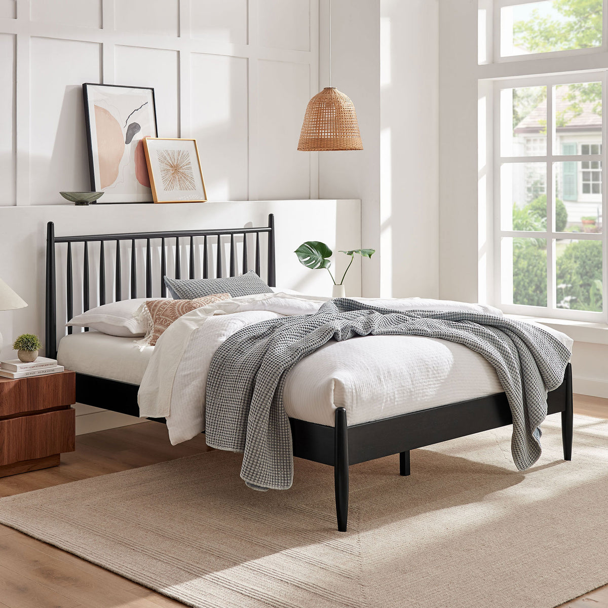 Black spindle bed anchors a bright, cozy bedroom with timeless mid-century appeal || MOD-7303-BLK || front_angle_room