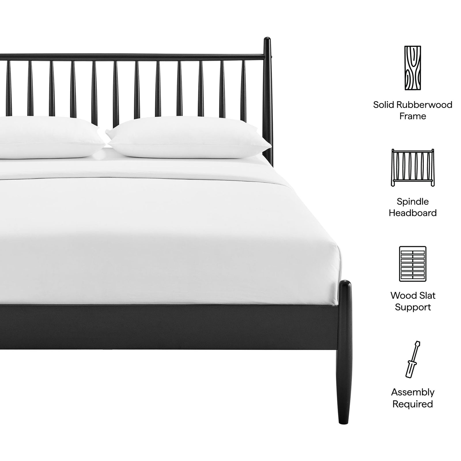 Solid rubberwood frame with spindle headboard and wood slat support for lasting comfort || MOD-7303-BLK || callout_studio