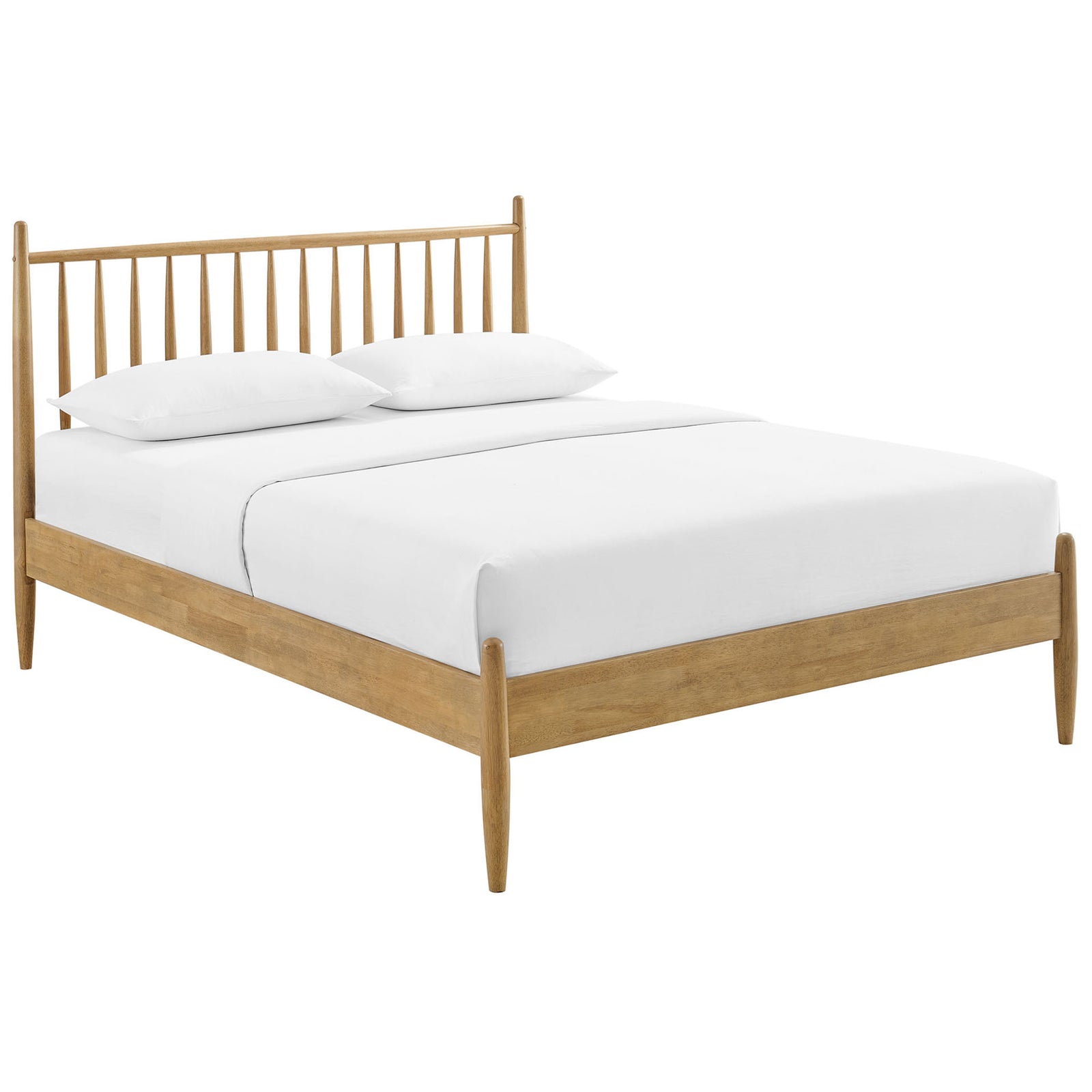 Minimal platform bed in light oak with spindle headboard and simple white bedding accentuating clean lines || MOD-7303-LOA || front_angle_studio