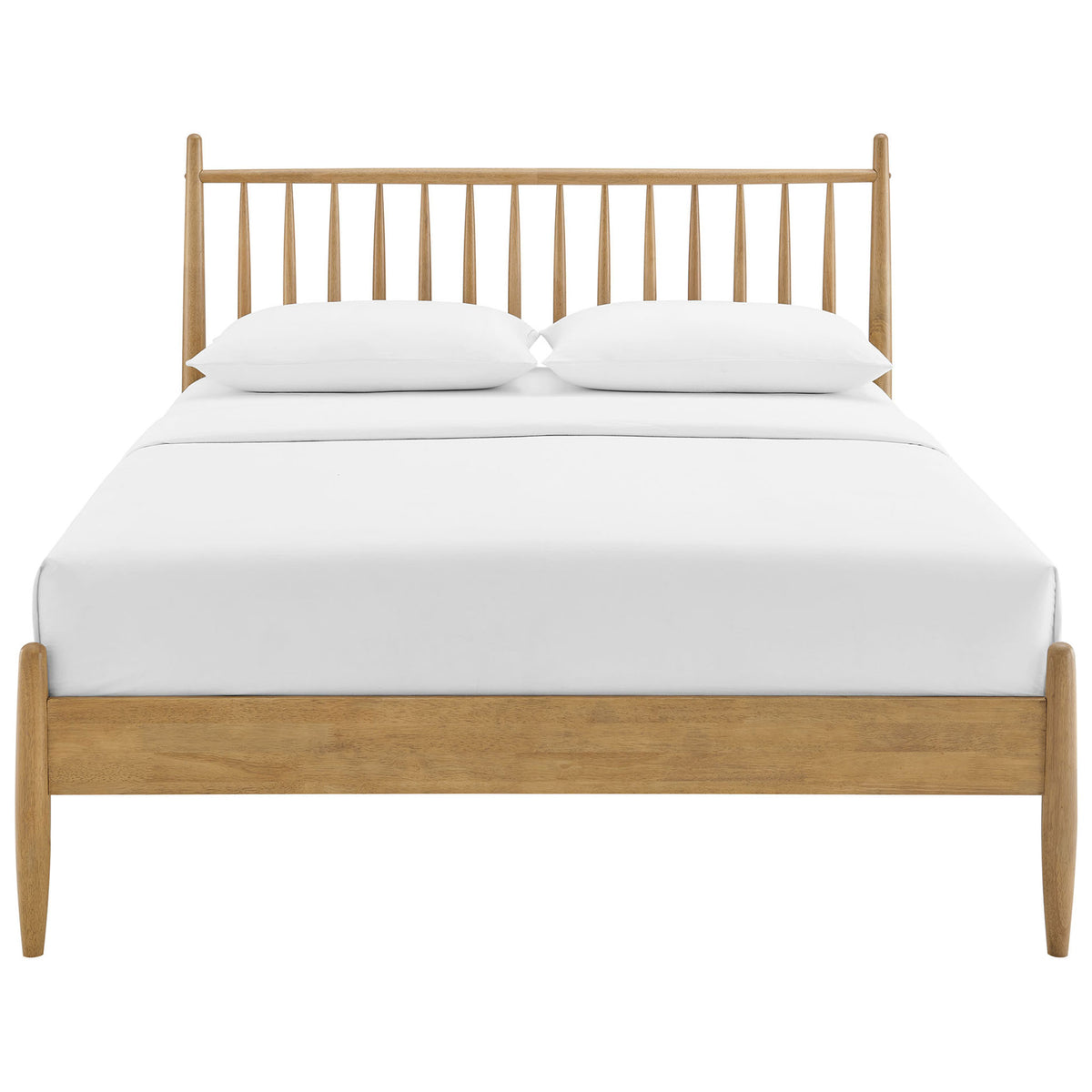 Light oak spindle headboard and low footboard with smooth tapered posts and wood slat platform || MOD-7303-LOA || front_studio