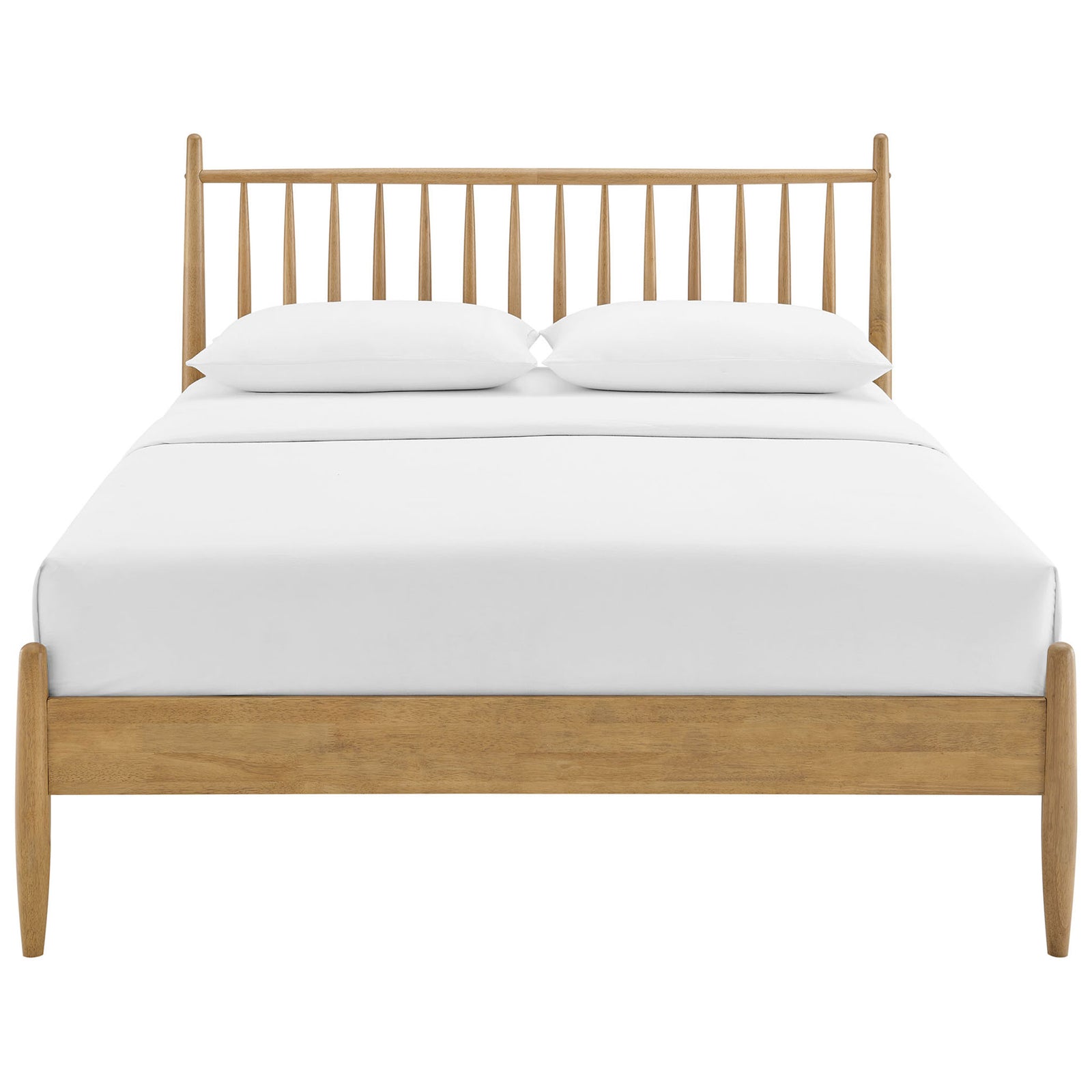 Light oak spindle headboard and low footboard with smooth tapered posts and wood slat platform || MOD-7303-LOA || front_studio