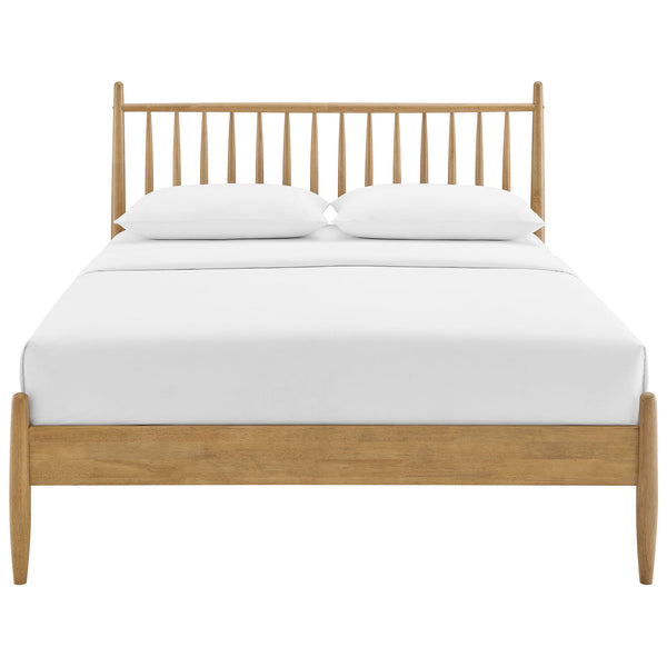 Light oak spindle headboard and low footboard with smooth tapered posts and wood slat platform || MOD-7303-LOA || front_studio