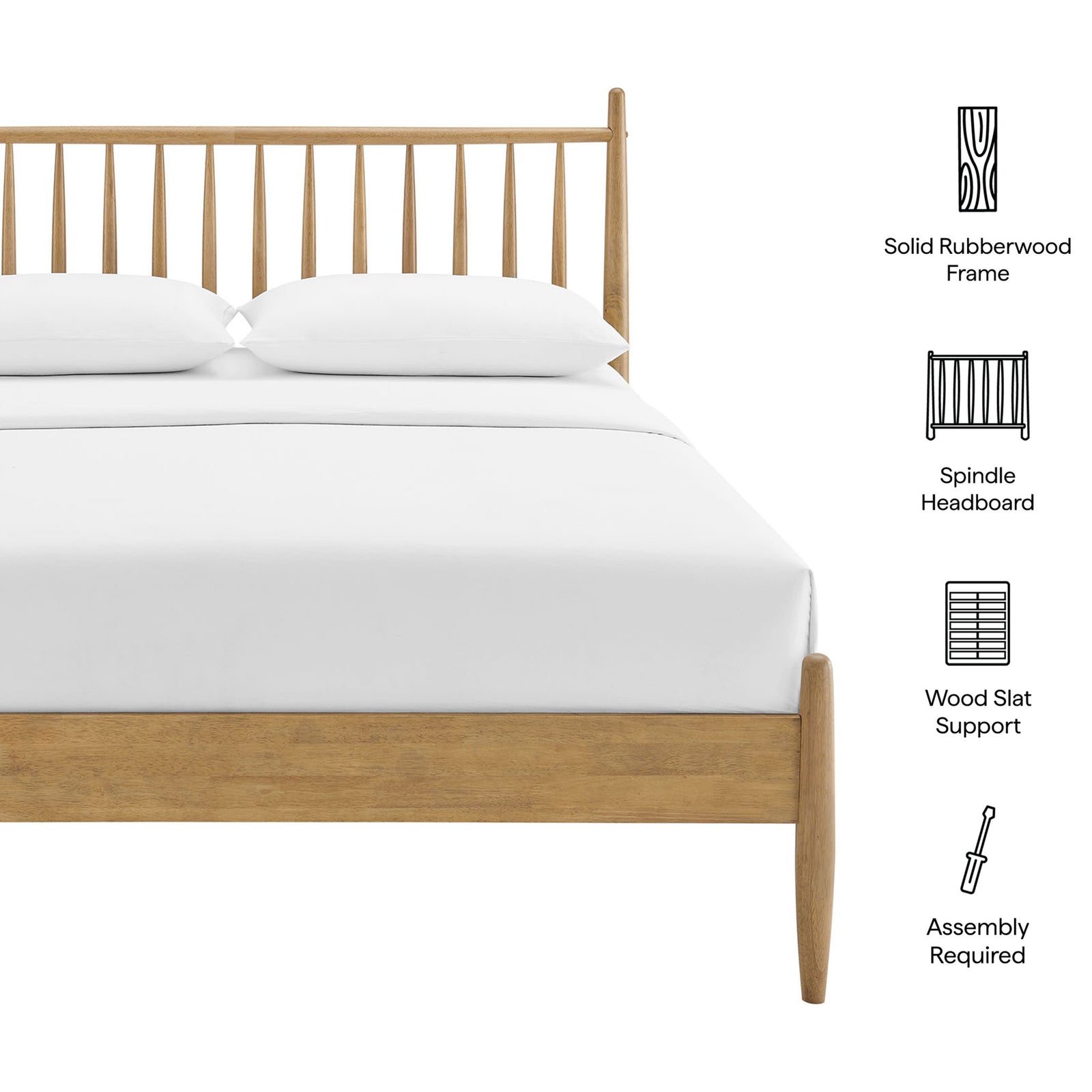 Solid rubberwood platform bed with spindle headboard and slat support highlighted by feature icons || MOD-7303-LOA || callout_studio