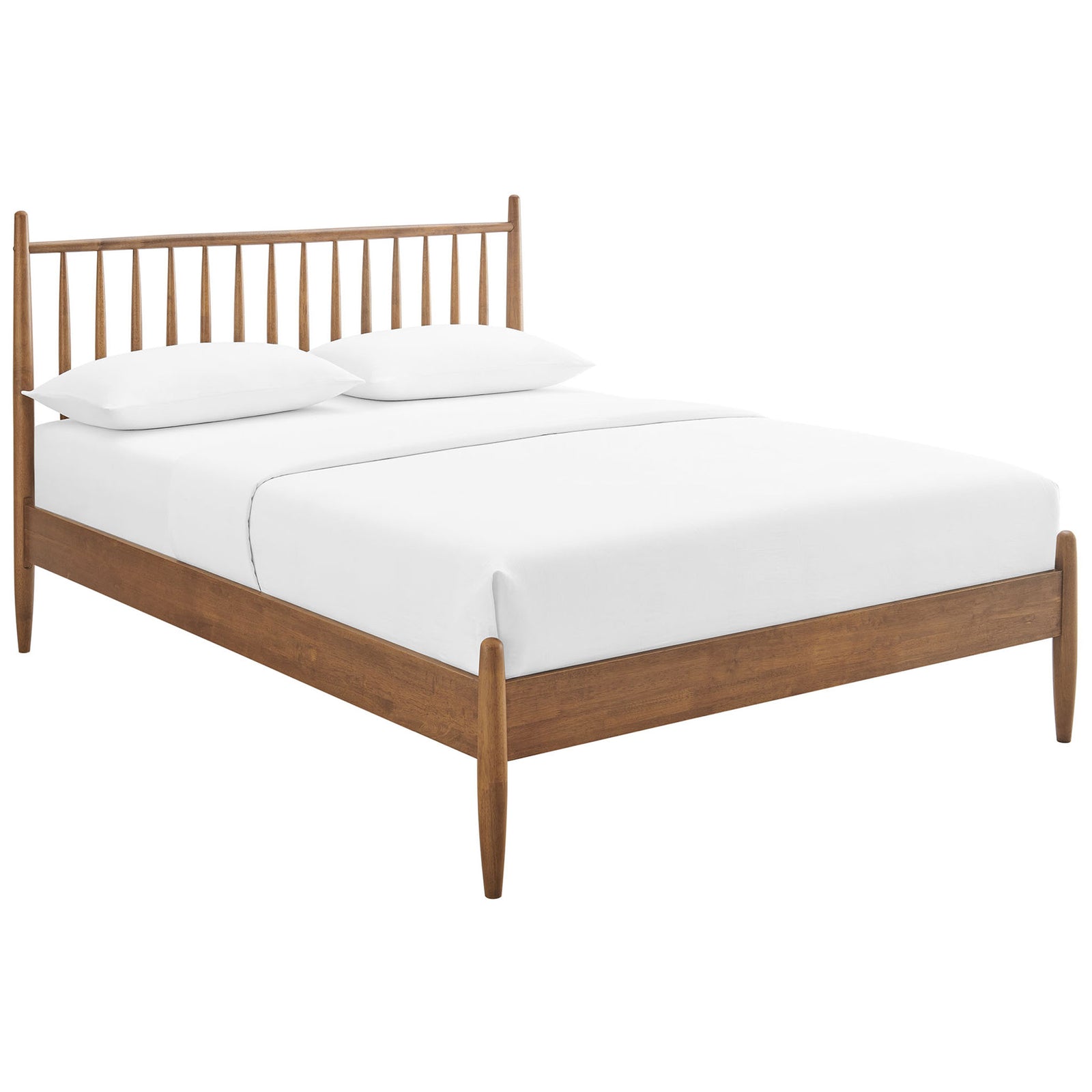 Inviting walnut bed with tapered posts and a streamlined platform silhouette. || MOD-7303-WAL || front_angle_studio