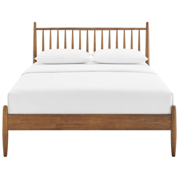 Walnut spindle headboard and sleek platform frame crafted from solid rubberwood. || MOD-7303-WAL || front_studio