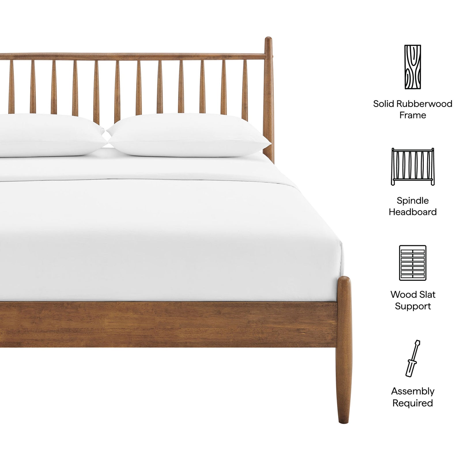Solid rubberwood frame, spindle headboard, and wood slat support for lasting quality. || MOD-7303-WAL || callout_studio