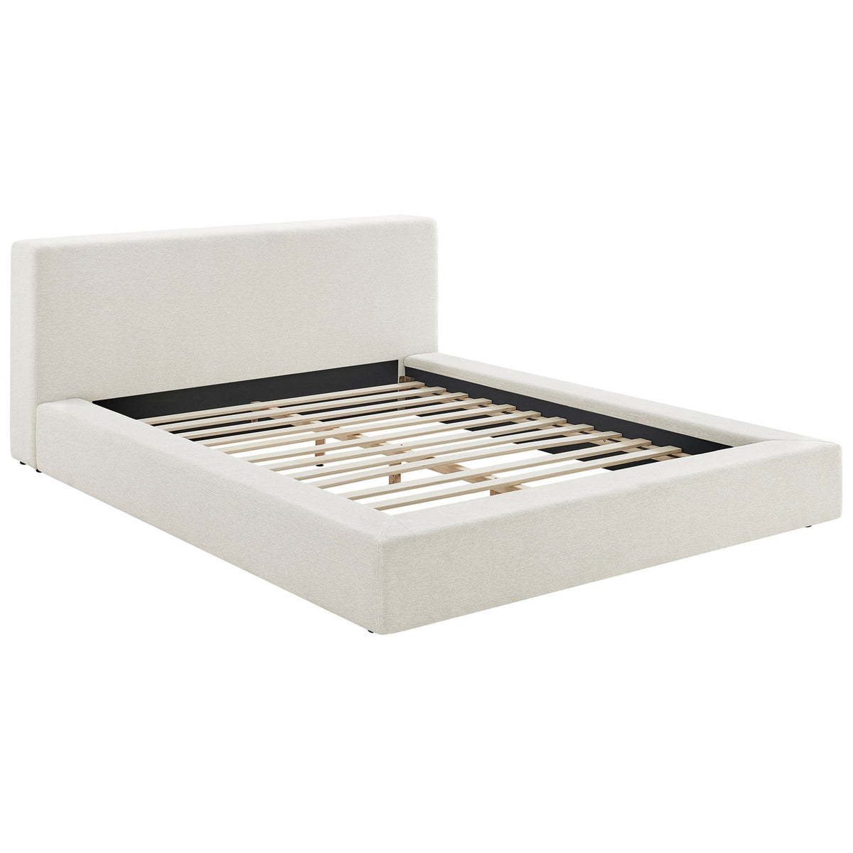 Cozy chenille platform bed with rounded corners and wood slat support in soft ivory || MOD-7305-HEI || front_angle_studio