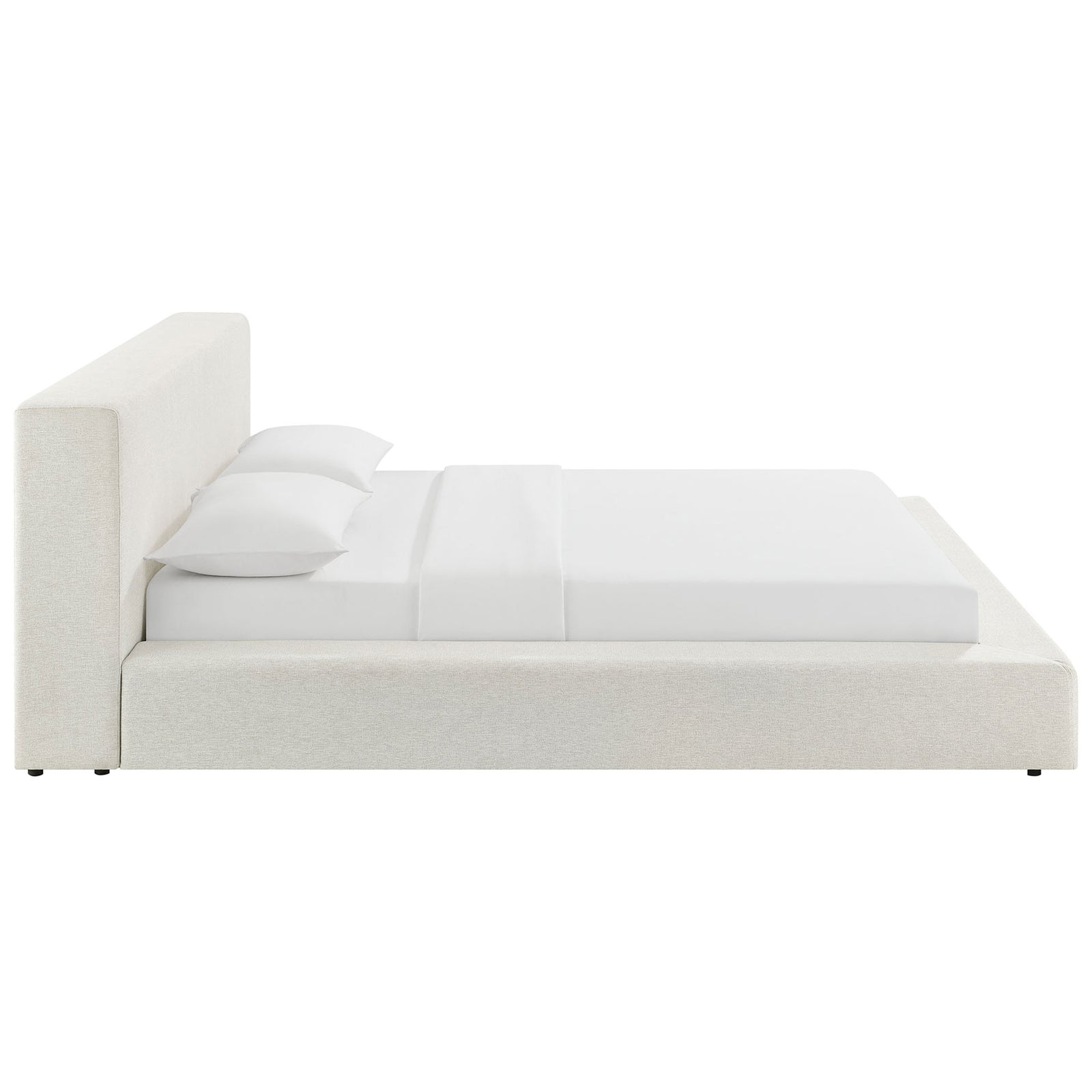 Streamlined side profile with plush headboard and floor-hugging platform base || MOD-7305-HEI || side_studio