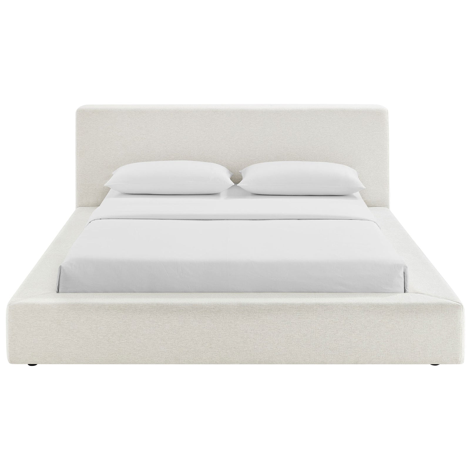 Ivory chenille platform bed with a padded headboard and smooth, rounded edges || MOD-7305-HEI || front_studio