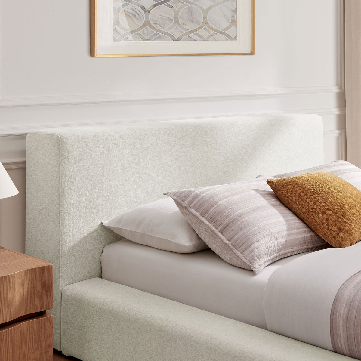 Textured chenille headboard adds soft comfort and refined simplicity || MOD-7305-HEI || detail_room