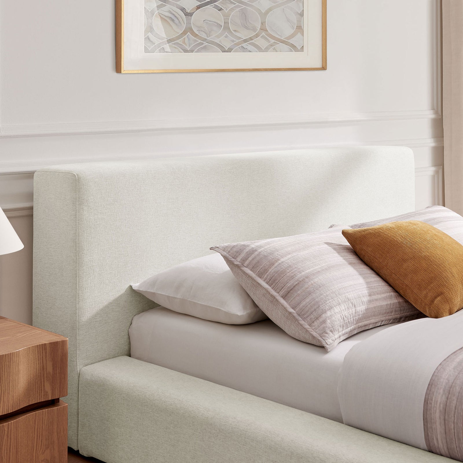 Textured chenille headboard adds soft comfort and refined simplicity || MOD-7305-HEI || detail_room