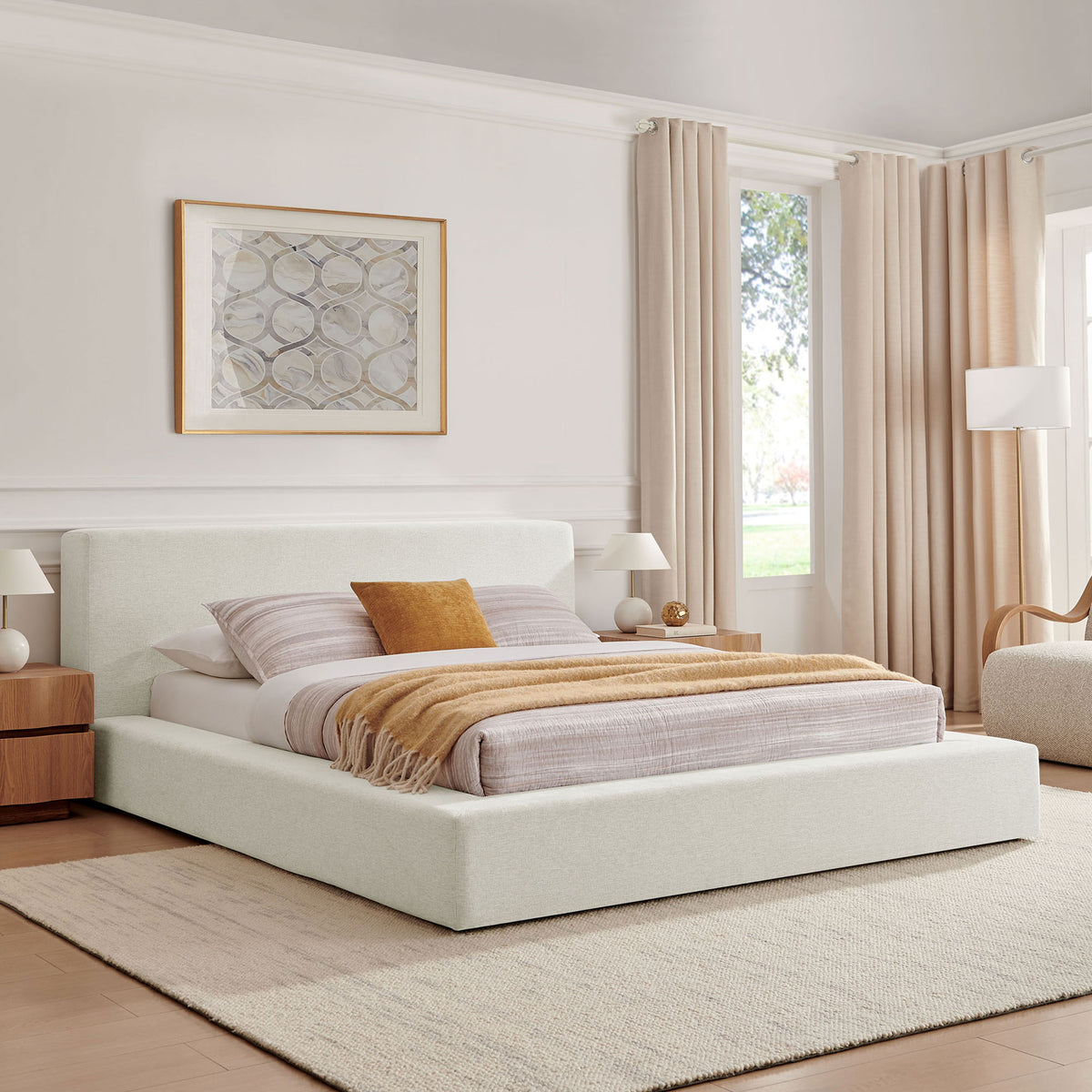 Inviting low platform bed that creates a calm, built-in look for modern bedrooms || MOD-7305-HEI || front_angle_room