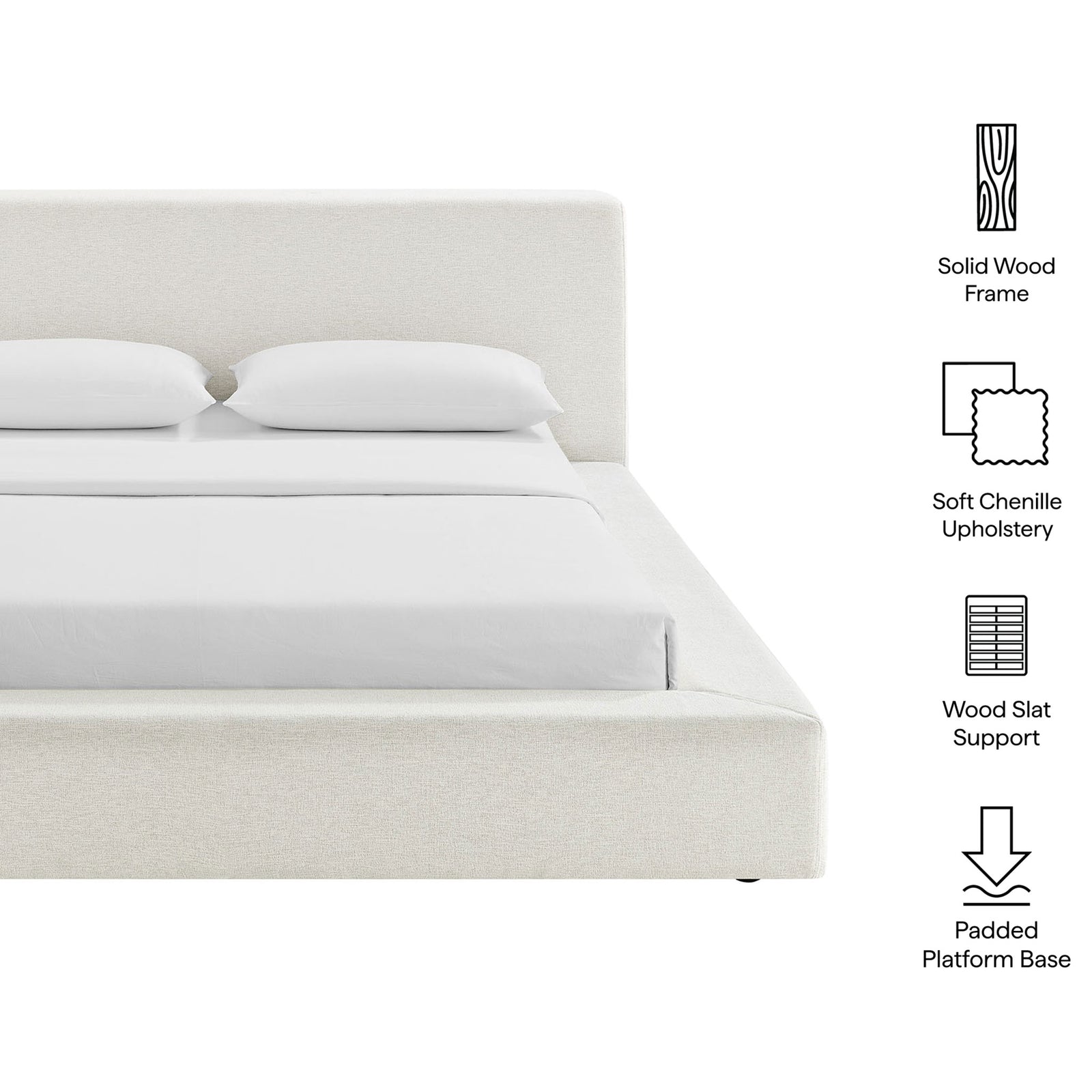 Platform bed highlights include solid wood frame, soft chenille upholstery, and wood slat support || MOD-7305-HEI || callout_studio