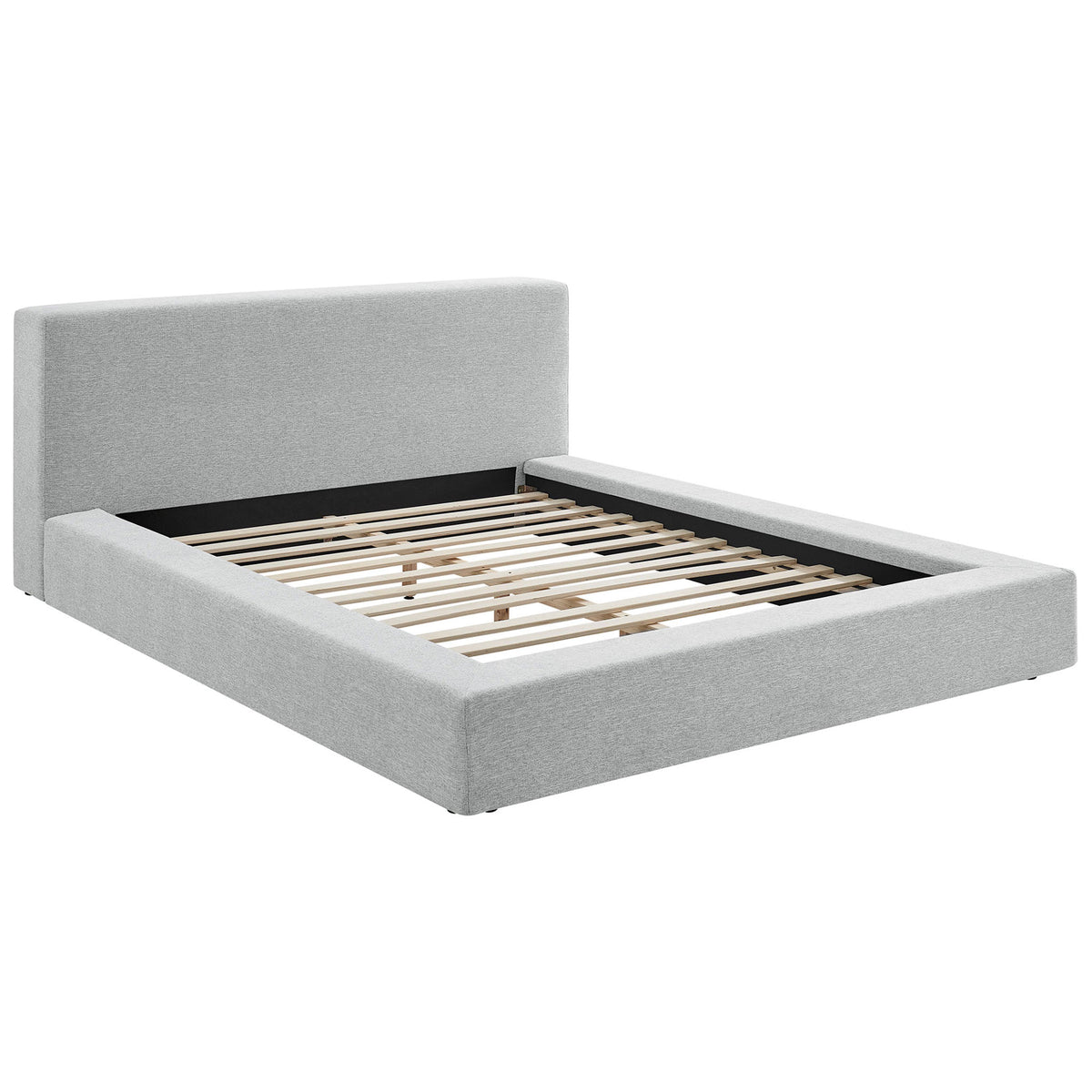 Low-profile chenille platform bed with wood slat support and rounded, padded rails. || MOD-7305-HLG || front_angle_studio