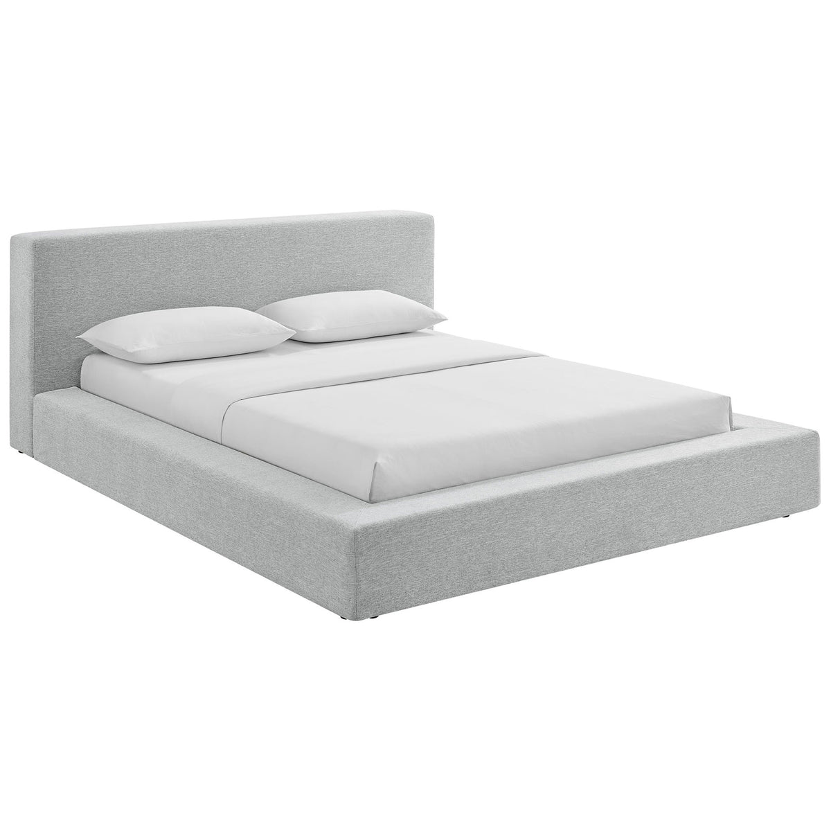 Cozy chenille bed frame with tall padded headboard and bumper-style sides for a built-in look. || MOD-7305-HLG || front_angle_studio