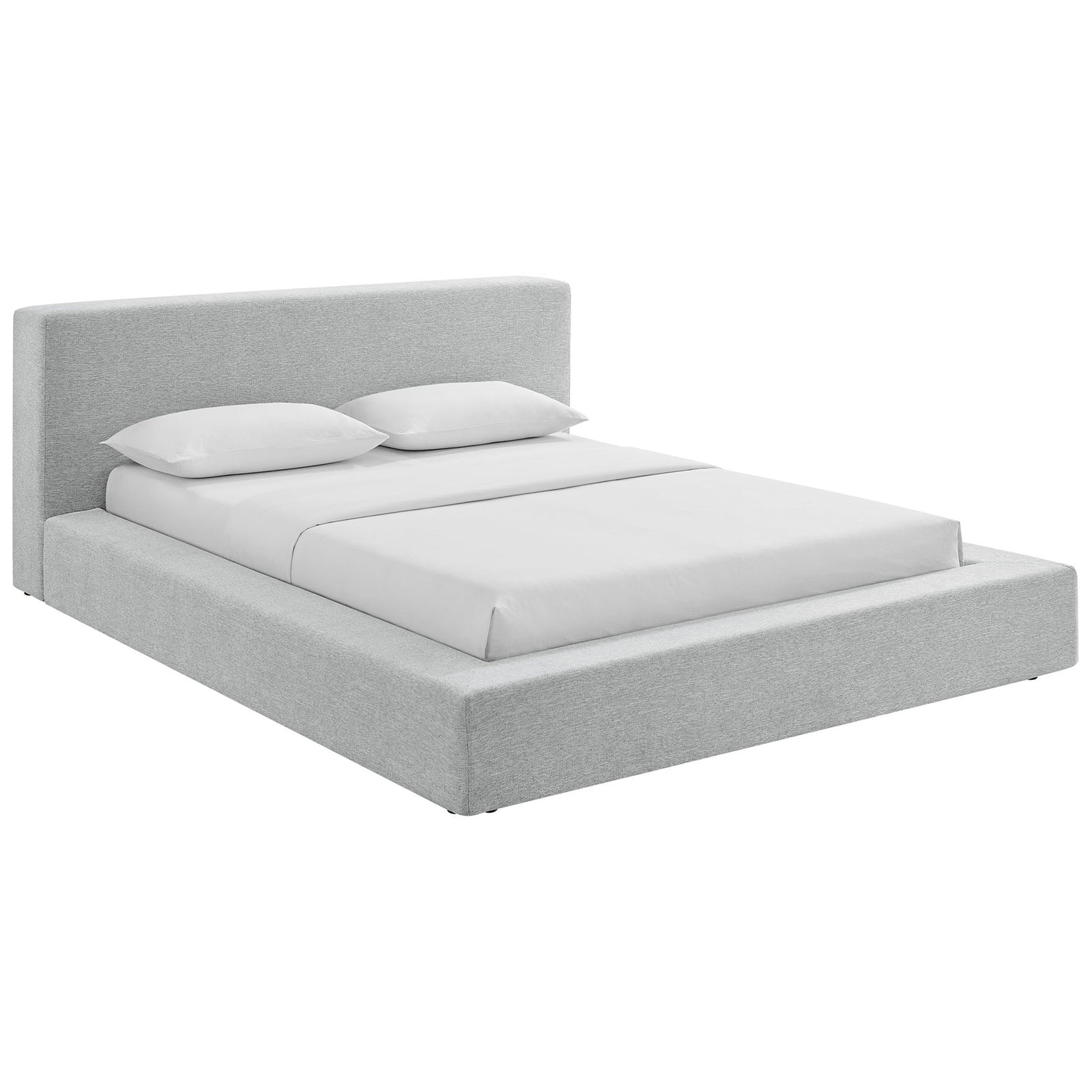 Cozy chenille bed frame with tall padded headboard and bumper-style sides for a built-in look. || MOD-7305-HLG || front_angle_studio